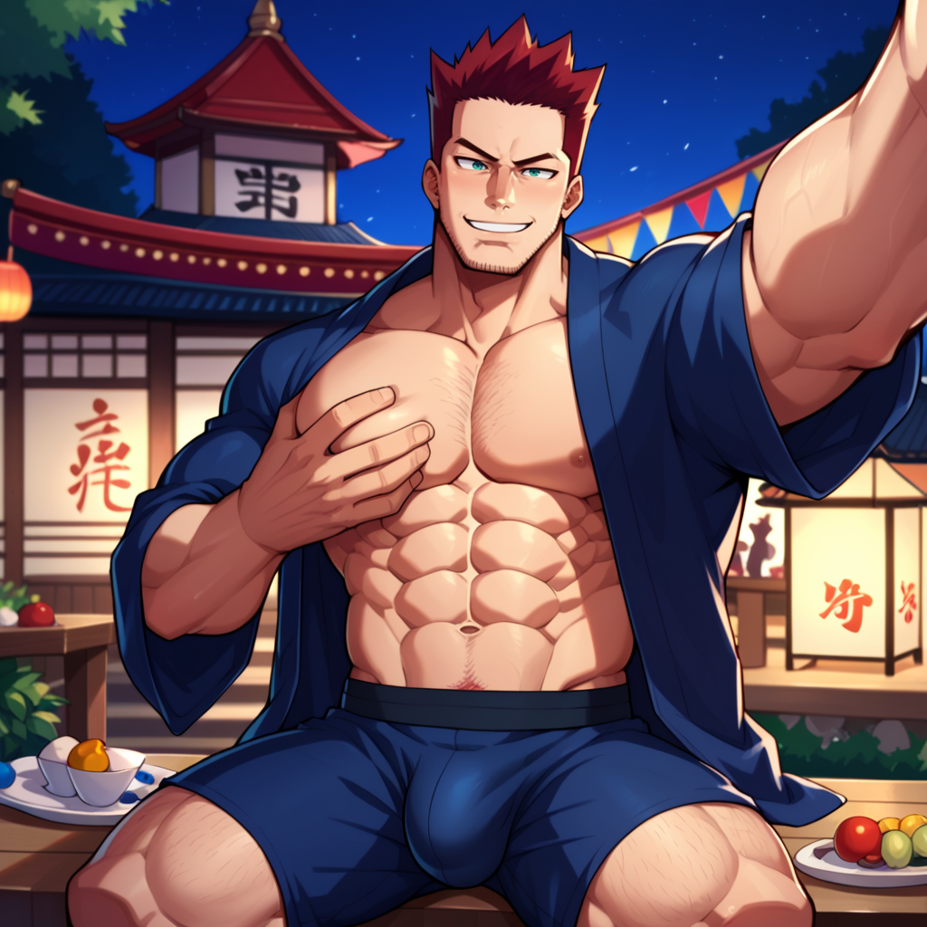 ai_generated armpits arms_up bara big_bulge endeavor_(my_hero_academia) enji_todoroki festival gay hairy muscles my_hero_academia pecs selfie sexy_pose smiling