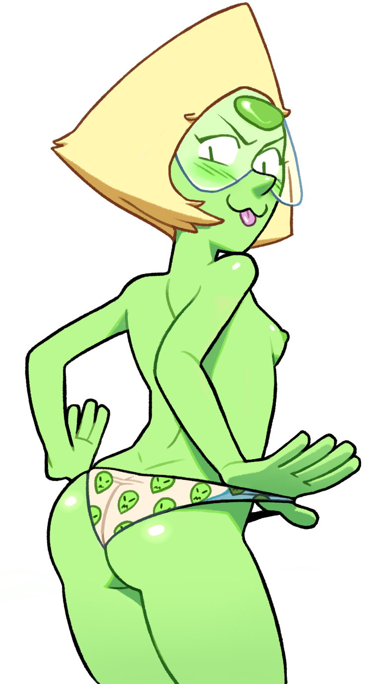 1girls :3 alien alien_girl ass blush breasts darkbot female female_only gem_(species) green_skin looking_back nipples panties peridot_(steven_universe) sideboob small_breasts solo steven_universe tongue tongue_out topless underwear visor white_background yellow_hair