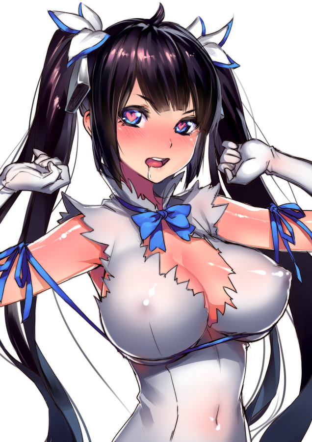 arm ribbon, black hair, blue eyes, blush, bow, breasts, cleavage, cleavage cutout, covered navel, covered nipples, dress, drooling, dungeon ni deai wo motomeru no wa machigatteiru darou ka, female, gloves, hair ornament, hair ribbon, heart, heart-shaped pupils, hestia (danmachi), large breasts, long hair, looking at viewer, mettsu, open mouth, pointy chin, rei no himo, ribbon, saliva, simple background, sketch, solo, symbol-shaped pupils, tied hair, twintails, upper body, white background, white dress, white gloves