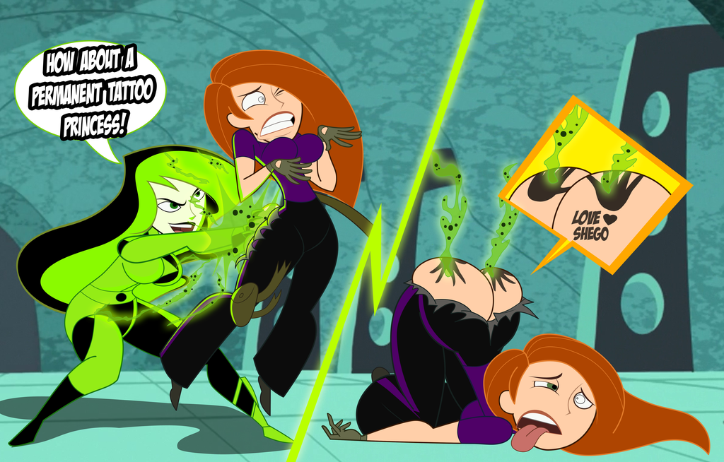2girls, ass, assisted exposure, branded, branding mark, breasts, brown hair, curvy, disney, female, female only, female with female, green hair, grimphantom, handprint on ass, human, kim possible, kimberly ann possible, large ass, large breasts, no panties, orange hair, redhead, shego, torn clothes, tramp stamp, yuri