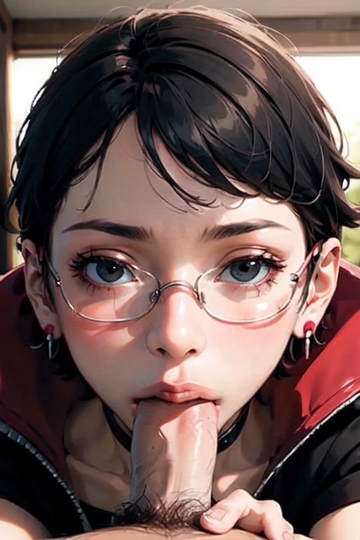 ai generated, boruto: naruto next generations, female, glasses, looking at viewer, male, naruto, naruto (series), penis, pov blowjob, sarada uchiha, sucking penis, time skip, uchiha sarada