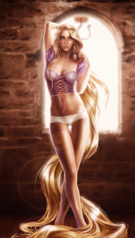 1girls alanvadell blonde_hair clothing corset disney female female_only human long_hair medium_breasts ninjartist panties rapunzel solo tangled very_long_hair white_panties