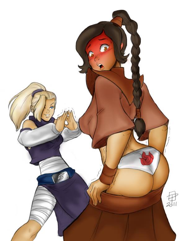 2011, 2girls, ass, assisted exposure, avatar the last airbender, back view, big ass, blonde hair, blue eyes, blush, blushing, body control, braid, breasts, brown eyes, brown hair, bubble ass, bubble butt, callmepo, clothing, color, colored, constricted pupils, crossover, detached sleeves, duo, eastern and western character, embarrassed, exposed, exposed ass, eyelashes, female, female only, femdom, fire nation, hair over one eye, heavy blush, human, ino yamanaka, ino yamanaka (genin), long hair, medium breasts, mind transfer jutsu, multiple females, naruto, naruto (classic), naruto (series), oddrich, panties, ponytail, signature, single braid, skirt, smile, standing, thong, tied hair, ty lee, underwear, undressing, white background, white panties, young