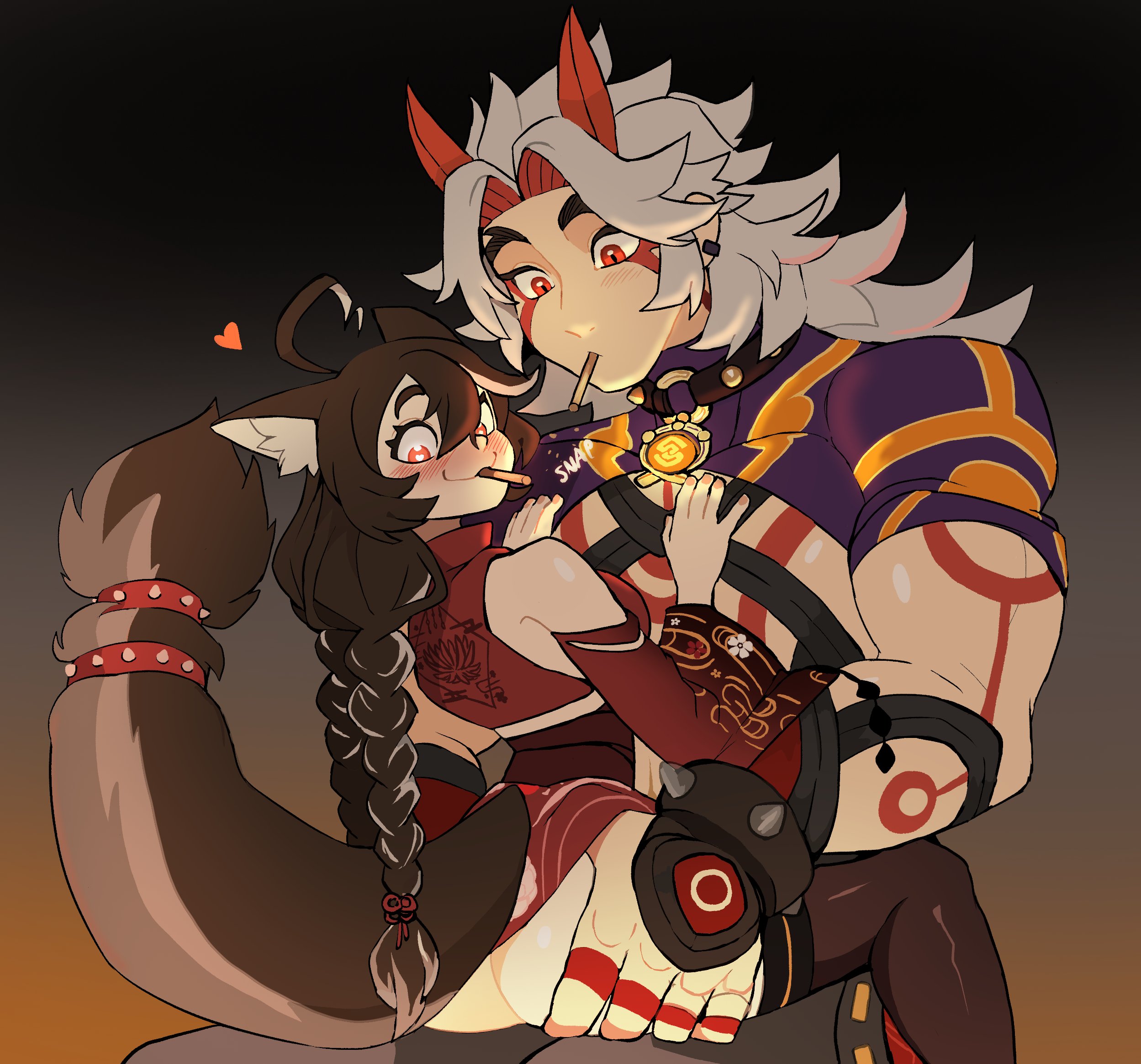 1boy, 1girls, absurd res, ahoge, animal ears, arataki itto, ass, black hair, blush, braid, breasts, brown hair, choker, detached sleeves, dog ears, drinking straw, earrings, female, food, food in mouth, genshin impact, gradient background, hand on ass, hand on butt, heart, heart-shaped pupils, jewelry, long hair, male, momotexx (vtuber), multicolored hair, muscular, muscular male, oni, oni horns, onomatopoeia, orange eyes, pocky, pocky in mouth, red eyes, simple background, single braid, straight, symbol-shaped pupils, tail, thighhighs, twin braids, two-tone hair, virtual youtuber, vision (genshin impact), vyugen, white hair, wolf ears, wolf girl, wolf tail