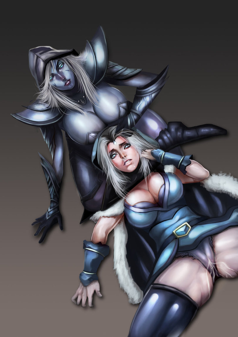 2girls blue_eyes blue_skin breasts cleavage crystal_maiden dota_2 drow_ranger elf female hand_on_head hood human large_breasts light_skin mitgard-knight moaning mound_of_venus multiple_girls orgasm panties pussy_juice spread_legs stockings underwear wet wet_panties white_hair white_panties yuri