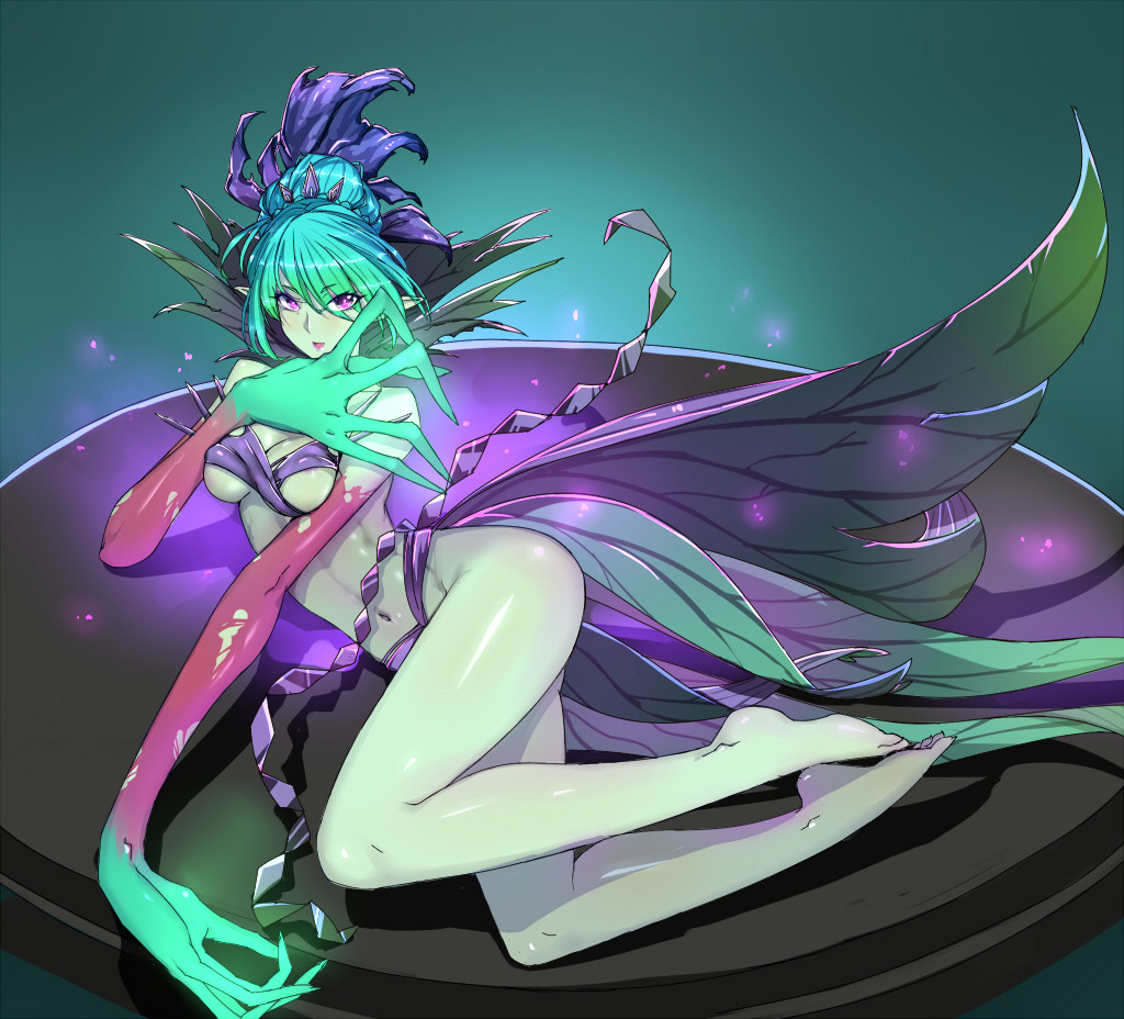 12cat, 1girls, bikini, breasts, death prophet (krobelus), dota, dota 2, female, female only, green skin, looking at viewer, navel, nipple slip, nipples, pink eyes, pinup, pointy ears, posing, skimpy clothes, solo, teal hair