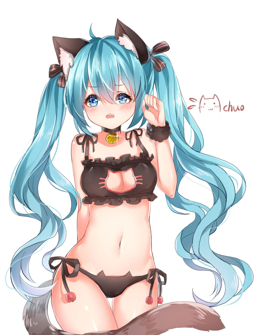 1girl, animal ears, aqua hair, artist name, bell, bell collar, black bra, black panties, blue eyes, blush, bra, breasts, cat cutout, cat ear panties, cat ears, cat keyhole bra, cat lingerie, cat tail, cleavage cutout, clothing cutout, collar, cowboy shot, female, hatsune miku, jingle bell, long hair, looking at viewer, meme attire, navel, neck bell, open mouth, panties, paw pose, side-tie panties, simple background, solo, tail, thigh gap, tied hair, twintails, underwear, underwear only, very long hair, vocaloid, white background
