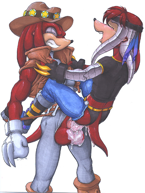 anal clothed clothes cum cum_in_ass cum_inside echidna knuckles_the_echidna leostar male_only mammal monotreme pants penis ratcandy sonic_(series) yaoi