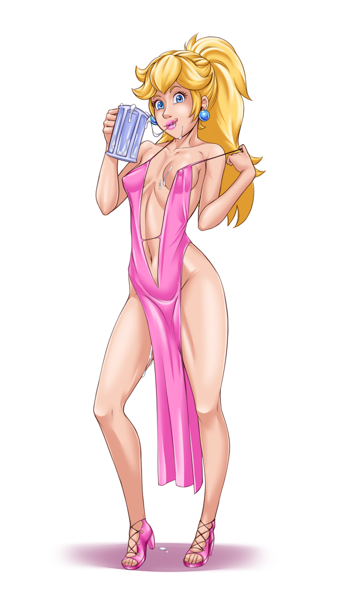 1girls backless_dress beer_glass blonde_hair blue_eyes cleavage clothing cocktail_dress cum cum_drinking dress earrings erect_nipples female female_only full_body high_heels hourglass_figure kyder licking licking_lips lipstick long_hair looking_at_viewer mario_(series) nintendo open_toe_shoes ponytail princess_peach revealing_clothes simple_background small_breasts solo solo_female standing tied_hair white_background