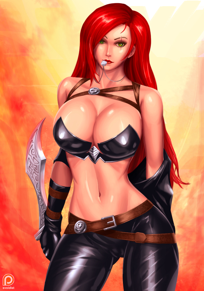 breasts, cleavage, female, katarina du couteau, large breasts, league of legends, long hair, red hair, solo, standing, svoidist