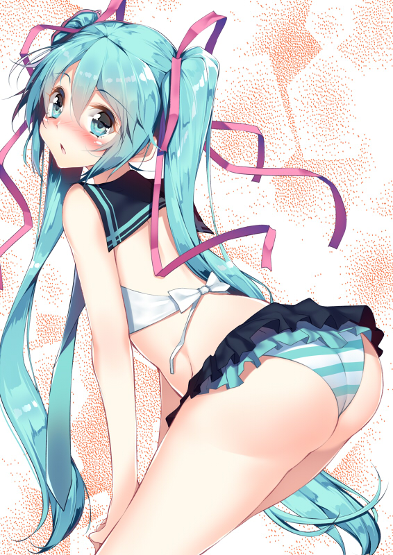 1girl, 1girls, aqua eyes, aqua hair, ass, bikini, blue eyes, blush, female, hair ribbon, hatsune miku, leaning forward, long hair, looking at viewer, looking back, open mouth, panties, pantyshot, ribbon, sailor bikini, sailor collar, short hair, skirt, sleeveless, solo, striped, striped bikini, striped panties, swimsuit, thighhighs, tied hair, twintails, underwear, upskirt, very long hair, vocaloid, yatsu (sasuraino)