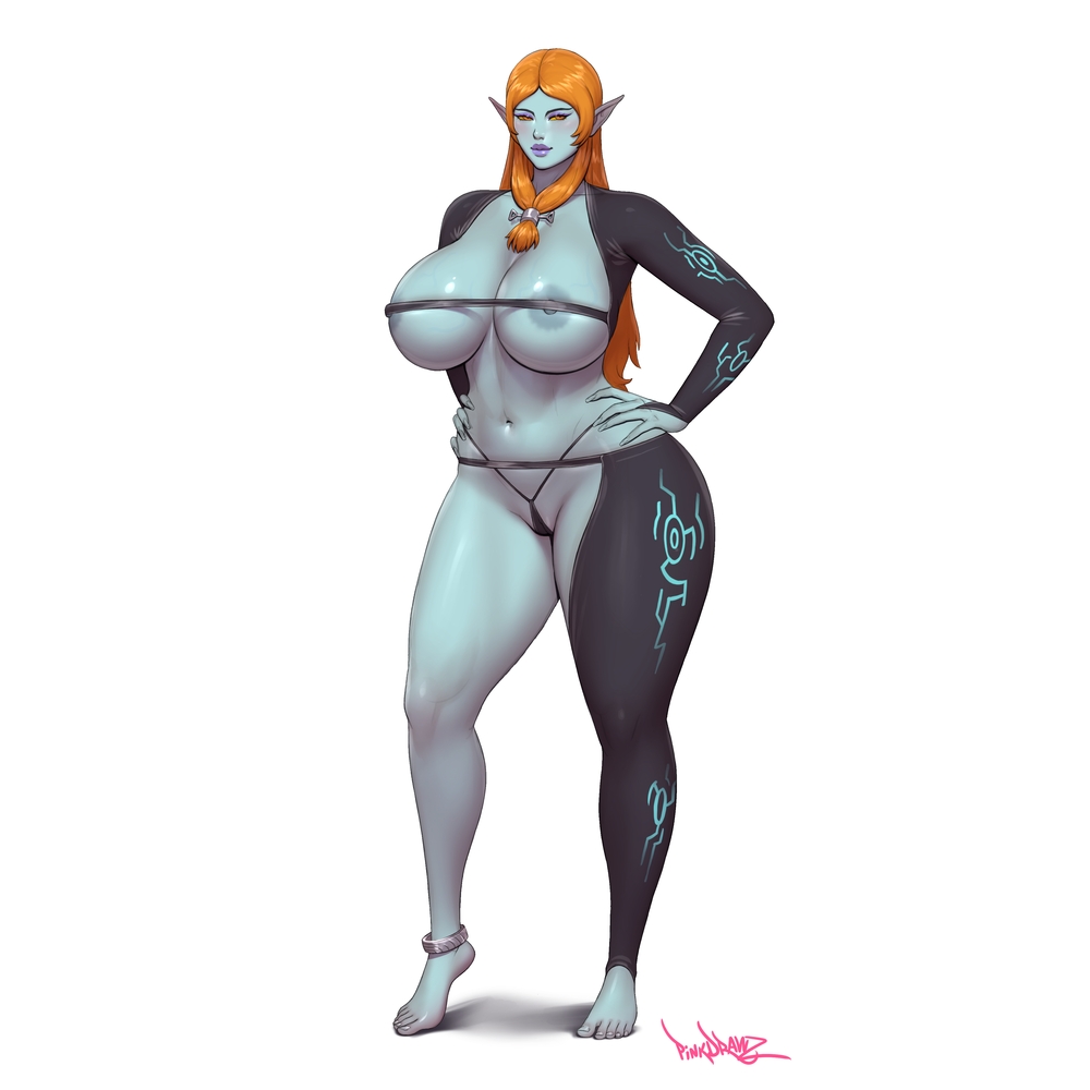 1girls, areolae, ass, barefoot, beautiful, big ass, big butt, black body, black skin, eyelashes, eyeliner, feet, female, female only, grey body, grey skin, lipstick, looking at viewer, makeup, midna, nail polish, nipples, orange hair, pinkdrawz, pointed ears, pointy ears, red eyes, seductive, seductive look, solo, solo female, solo focus, standing, the legend of zelda, thick thighs, thong, toe ring, twili, twili midna, twilight princess, voluptuous, voluptuous female, wide hips