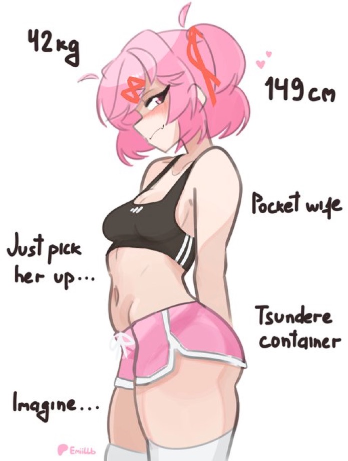 1girl, 1girls, 2d, 2d (artwork), 2d art, 2d artwork, blush, doki doki literature club, emiillb, female, female only, natsuki (doki doki literature club), pink hair, side view, sports bra, sports shorts, sportswear, text, thighhighs, tsundere