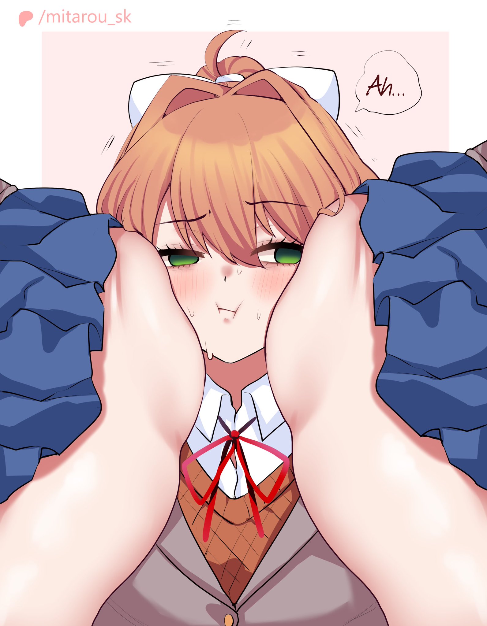 3girls, ass, ass sandwich, big ass, doki doki literature club, english, english text, face against ass, face against butt, face in ass, female, female focus, female only, fully clothed, fully dressed, green eyes, hair ribbon, mitarou sk, monika (doki doki literature club), motion lines, out of frame female, sandwiched, sandwiched in ass, school uniform, simple background, squishing ass, squishy butt, surrounded by ass, sweat, sweatdrop, sweating, sweaty, sweaty face, white bow, yuri