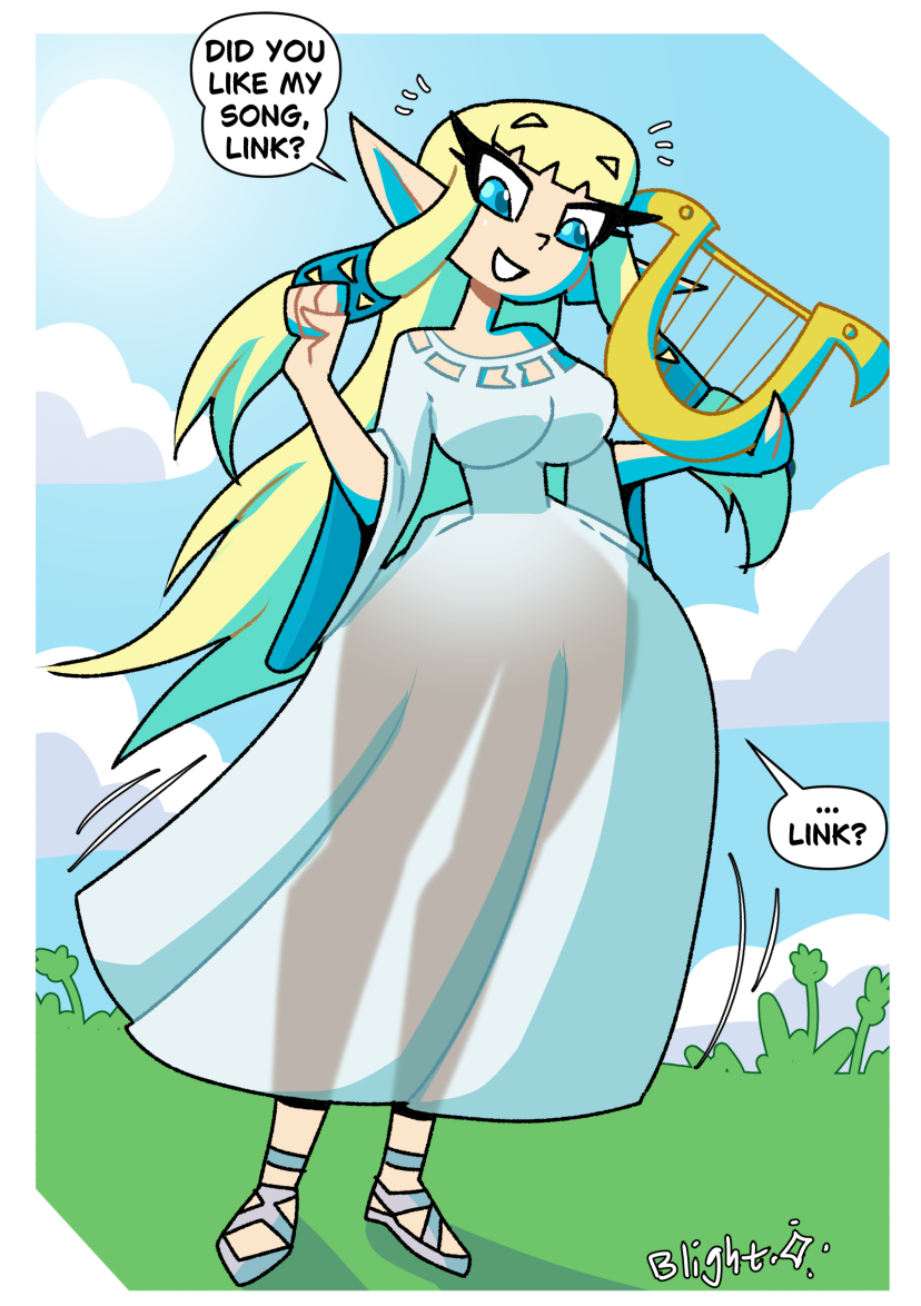 1girls, blightstar, blonde hair, cloud, dialogue, dress, english text, female, grass, holding instrument, hylian, instrument, pointy ears, pov, sandals, see-through, see-through clothing, silhouette, skyward sword, solo, speech bubble, standing, sunlight, tagme, talking to viewer, the legend of zelda, zelda (skyward sword)