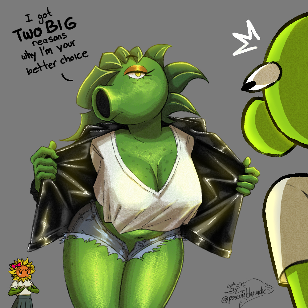 1boy, 2girls, anthro, ass, big ass, big boobs, big breasts, big thighs, big tits, boobs, breasts, cleavage, dialogue, electronic arts, female, flora fauna, freckles, green body, green hair, green skin, huge ass, huge boobs, huge breasts, huge thighs, huge tits, larger female, leaf, male, peablaze (leafpaw), peashooter (pvz), plant, plant girl, plant humanoid, plantie, plants vs zombies, popcap, popcap games, possumtlacuache, pvz, size difference, smaller male, sunflower, sunflower (pvz), sweat, sweatdrop, sweating, tall female, taller female, text, thick thighs, thighs, tits, video game, video game character, yellow eyes