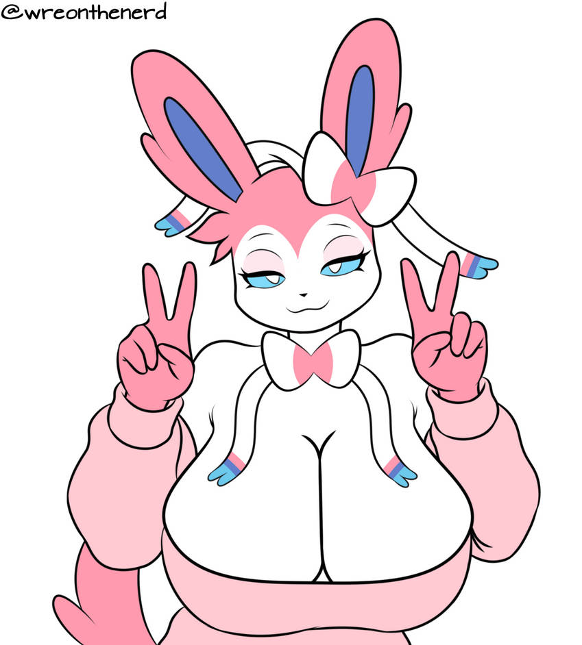 breasts, eeveelution, female, game freak, huge, huge breasts, nintendo, peace sign, pokemon, pokemon (species), sylveon, wreonthenerd