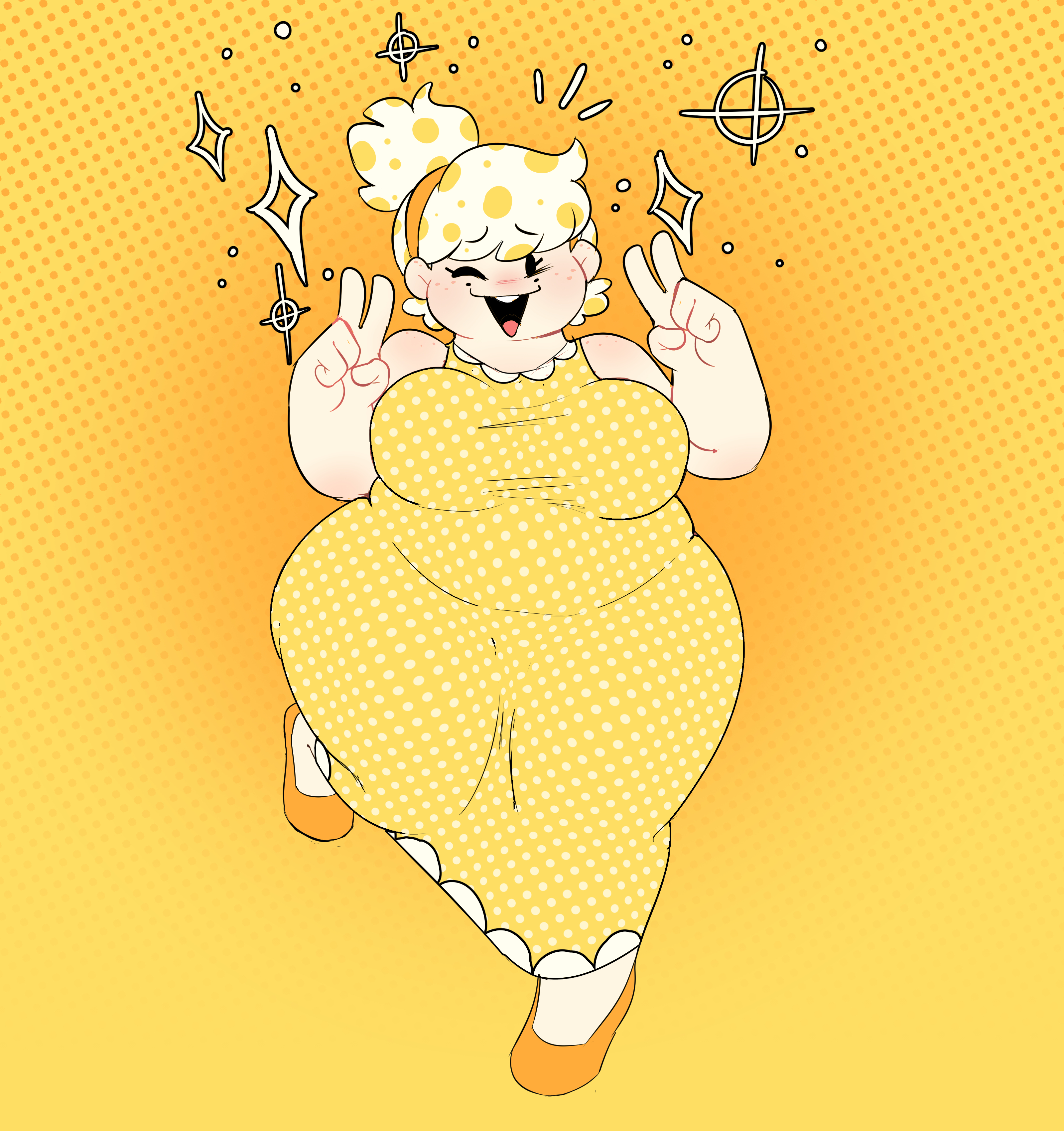 1girls, battle for dream island, big breasts, chubby, chubby female, clothed, clothing, dress, eggy (bfdi), female, gijinka, humanized, light skin, light skinned female, object shows, picknpull, spotted hair, thick thighs, white hair