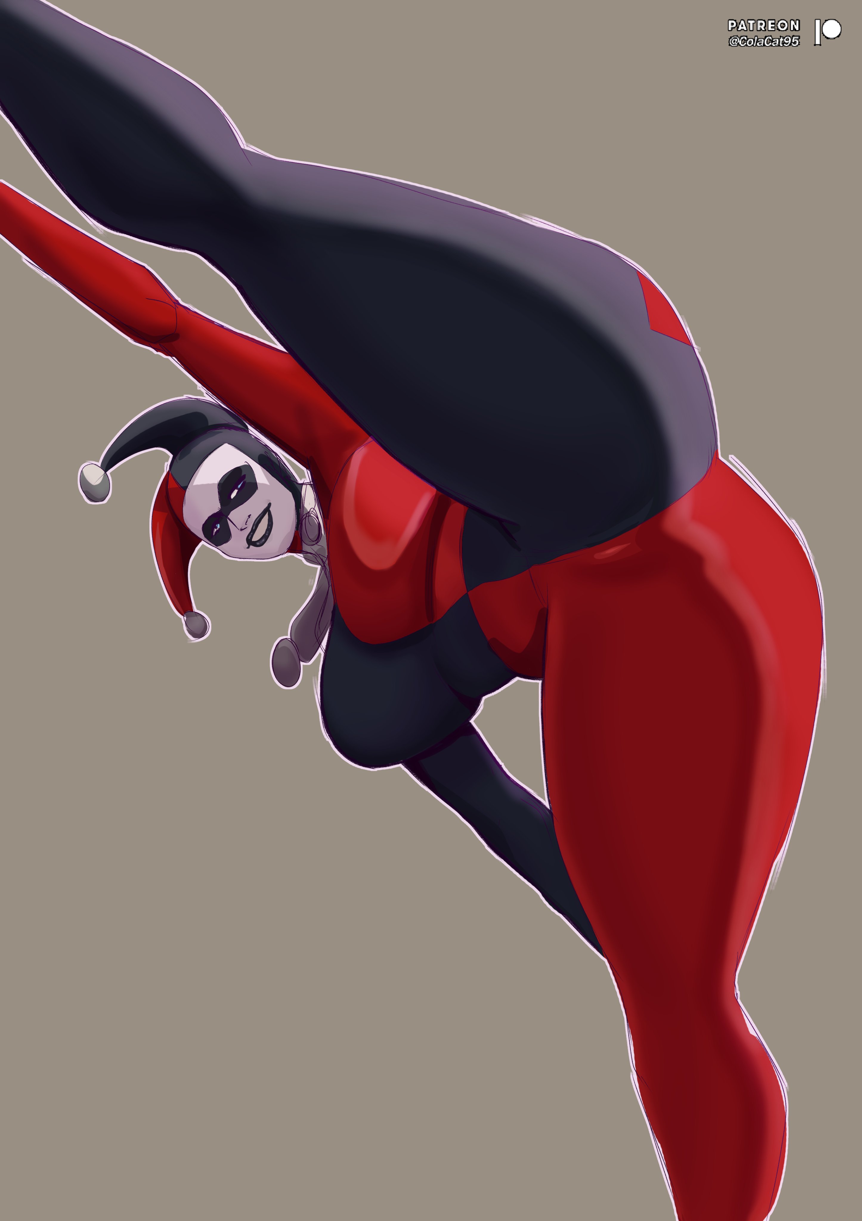 1girls, athletic, athletic female, batman (series), batman: the animated series, bodysuit, clothed, clothed female, clothing, colacat95, dc, dc comics, female, female focus, female only, fully clothed, harley quinn, harley quinn (classic), jester, jester girl, jester outfit, leg spread, legs apart, legs spread, solo, solo female, solo focus, spread legs, stretching, under view