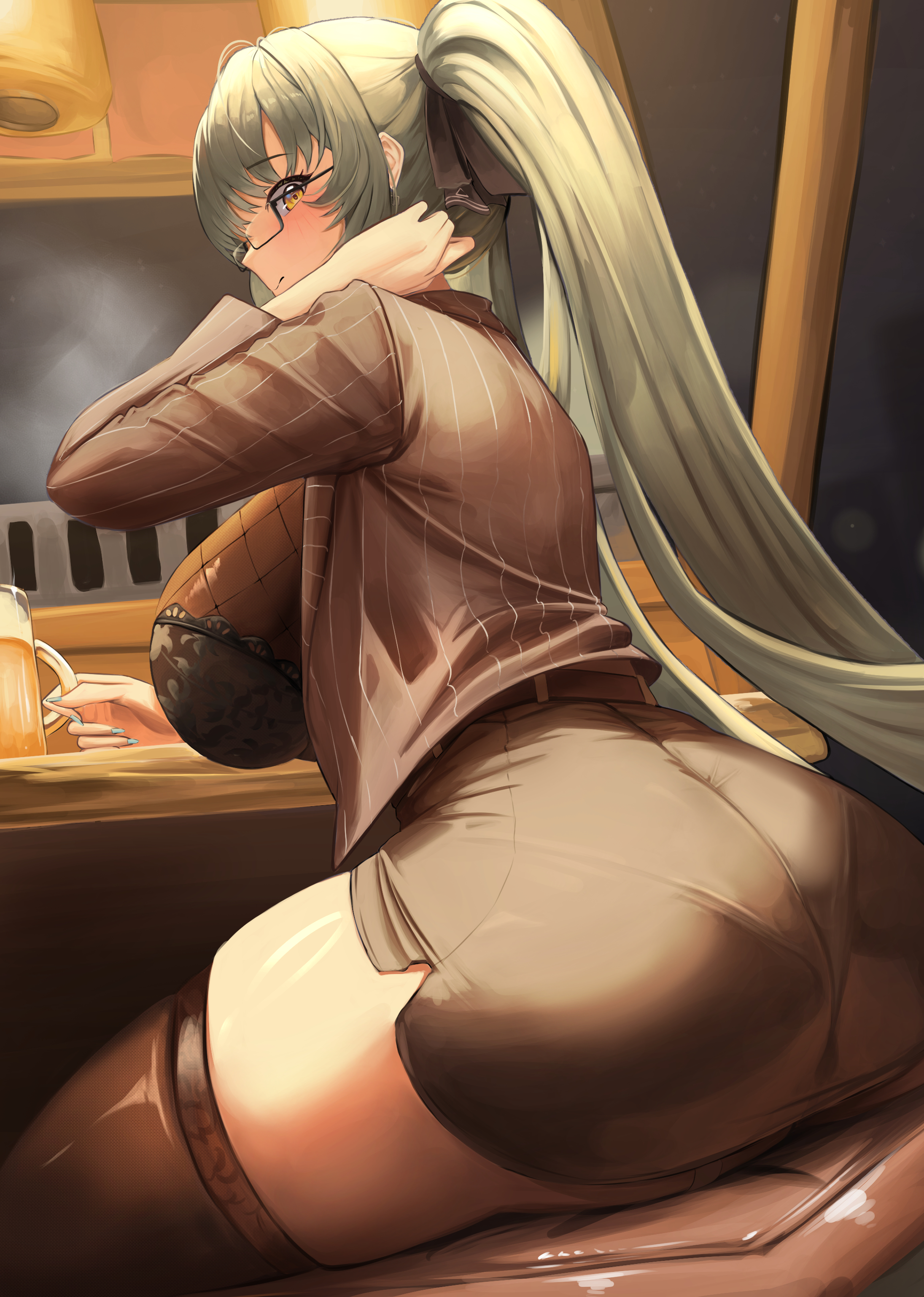 1girl, absurdres, alcohol, aqua hair, ass, beer, beer mug, black bra, black skirt, black thighhighs, blush, bra, breasts, closed mouth, cup, drinking glass, fishnet top, fishnets, glasses, goddess of victory: nikke, hair ornament, highres, holding, holding cup, jacket, large breasts, long hair, mug, official alternate costume, privaty (nikke), privaty (sharp lesson) (nikke), sitting, skirt, small chair (xiaosaiyi33818), solo, thick thighs, thighhighs, thighs, twintails, underwear, very long hair, yellow eyes