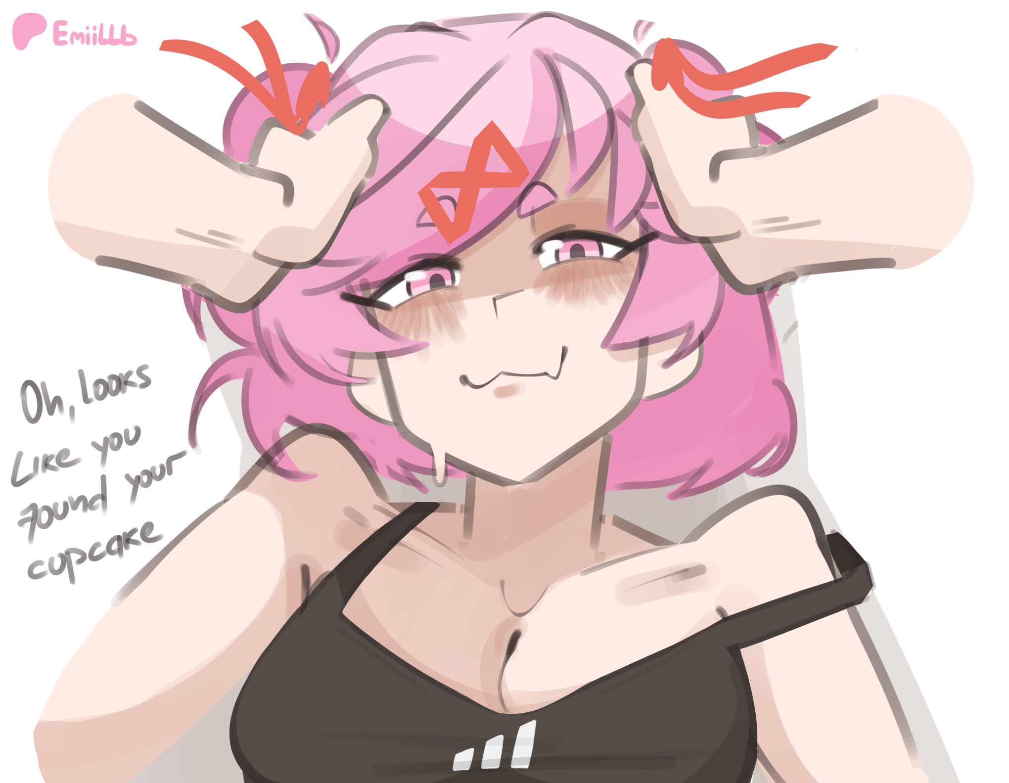 1boy, 1girl, artist name, bare shoulders, black tank top, breasts, commentary, ddlc, doki doki literature club, doki doki literature club!, emiillb, english commentary, english text, hands on another's head, highres, jpg, looking at viewer, medium breasts, natsuki (doki doki literature club), pink eyes, pink hair, pov, pov hands, questionable, serenity forge, short hair, smile, smug, smug expression, smug face, smug grin, smug smile, tank top, team salvato, wholesome