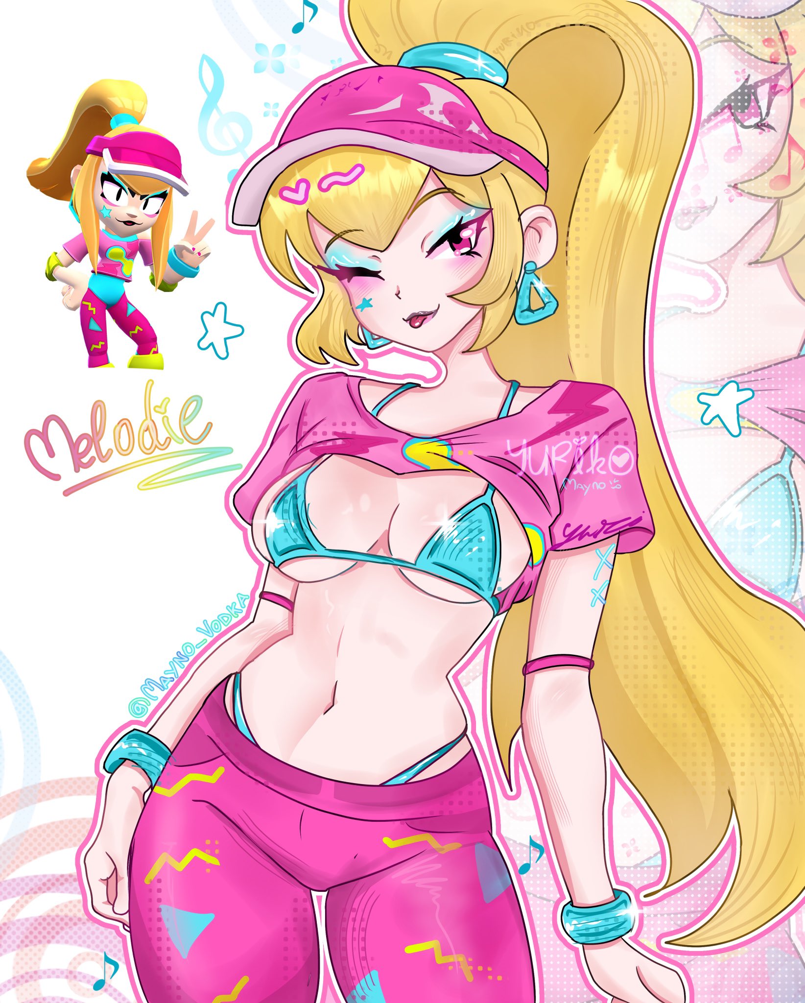 1girls, artist name, artist request, bangs, belly button, bikini, bikini bottom, bikini top, blonde hair, bracelet, brawl stars, breasts, clothed, clothing, earrings, eyelashes, eyeshadow, face tattoo, female, human, light skin, light-skinned female, makeup, medium breasts, melodie (brawl stars), midriff, navel, one eye closed, pants, pattern clothing, pink eyes, ponytail, pulled up shirt, pump it melodie (brawl stars), reference image, sidelocks, solo, star, supercell, tagme, tongue, tongue out, very long hair, visor, watermark