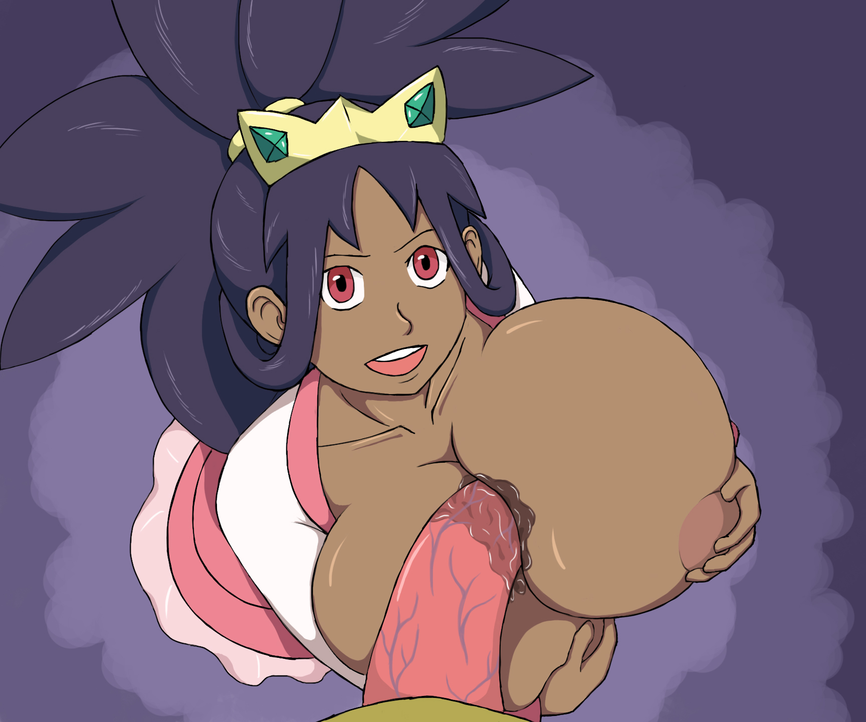 1boy, 1girls, animal genitalia, areola, bosomancer, breast grab, breast squeeze, breasts, breasts out, collarbone, crown, dark skin, dark-skinned female, dress, eye contact, female, hair ornament, haxorus, huge breasts, human, inverted paizuri, iris (pokemon), large breasts, long hair, looking at viewer, looking up, male, nintendo, open mouth, paizuri, perpendicular paizuri, pokemon, pokemon (game), pokemon bw, pokemon bw2, pokemon champion, pokephilia, ponytail, pov, purple background, purple hair, red eyes, reverse paizuri, smile, straight, tied hair, yellow skin