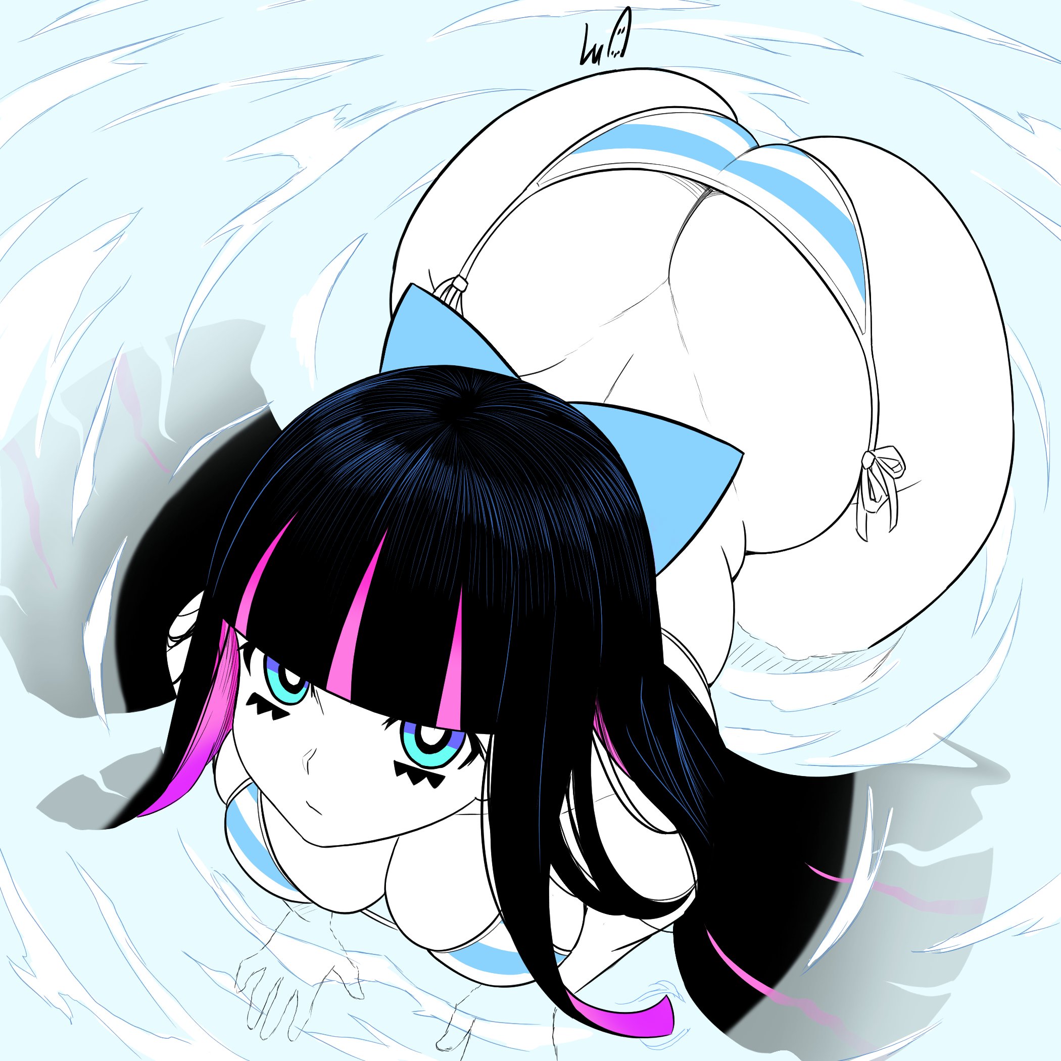 1girl, 2d, ass, blue eyes, butt crack, demo, demon girl, dimples of venus, dumptruck ass, huge ass, large breasts, looking at viewer, looking up, lughost, multicolored hair, panty & stocking with garterbelt, stocking anarchy, tagme