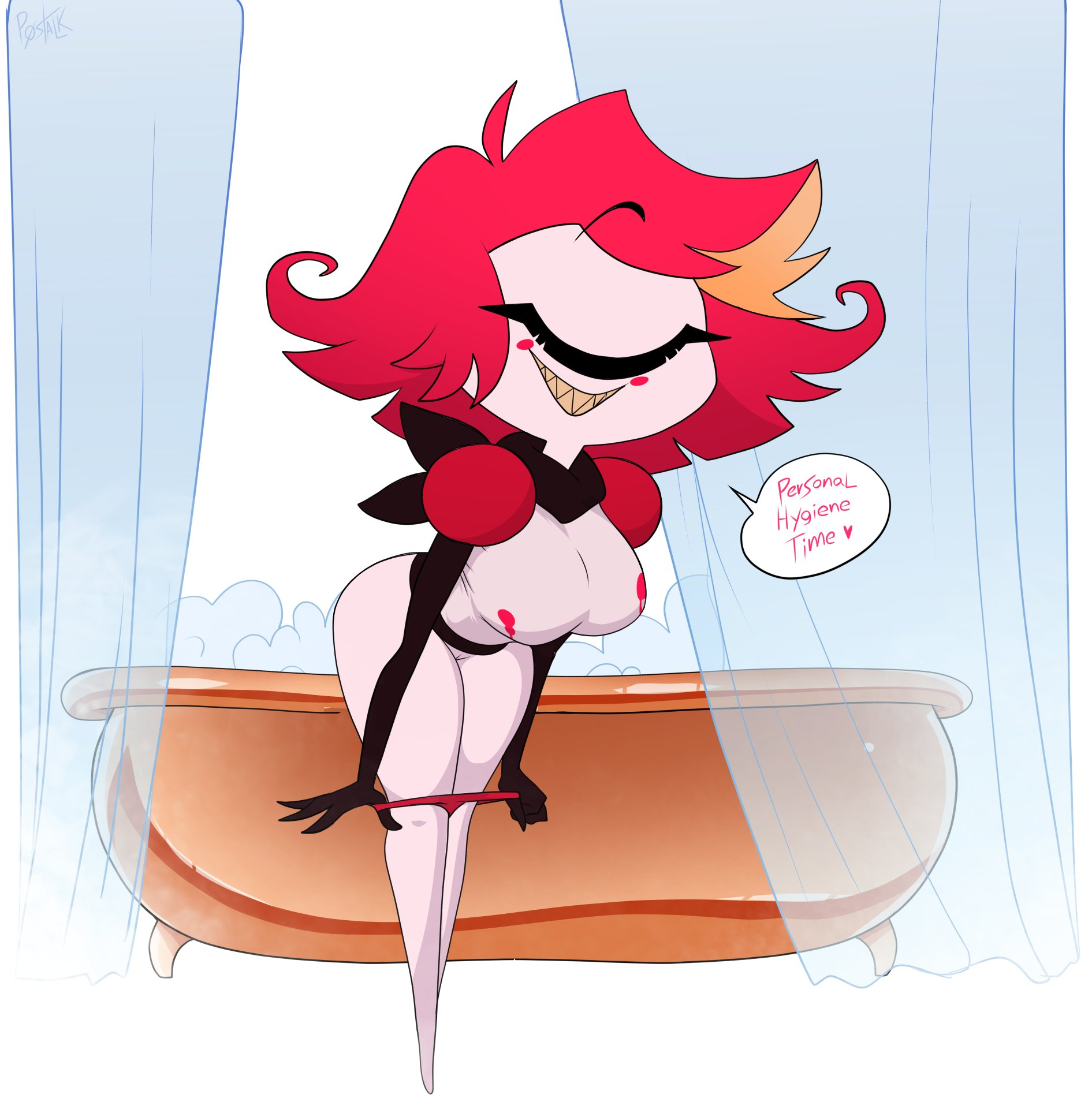 bath, hazbin hotel, niffty, niffty (hazbin hotel), p0stalk, panties, panty pull, red hair, smile, tagme, white background