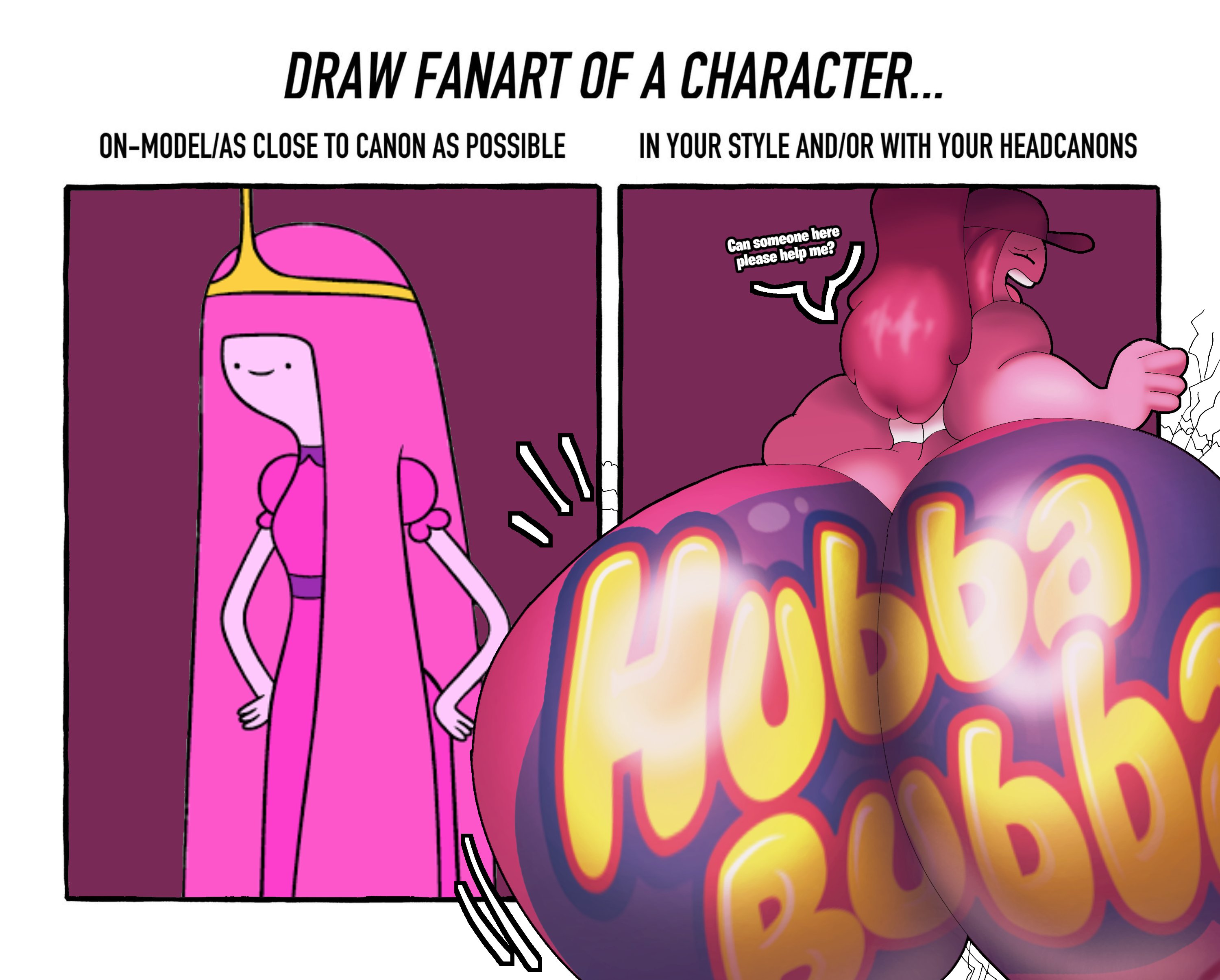 2026, 2girls, adventure time, ass bigger than body, ass bigger than head, ass focus, big ass, black eyes, breaking the fourth wall, canon vs fanon, cartoon network, comparison, cracking wall, dialogue, draw fanart of a character, enormous ass, fat ass, female, hubba bubba, hubba bubba bubble butt, huge ass, hyper, hyper ass, massive ass, meme, novelty pants, pink body, pink hair, princess bubblegum, stuck, stuck in wall, template, thedeathcrow05, track suit, wobbling ass