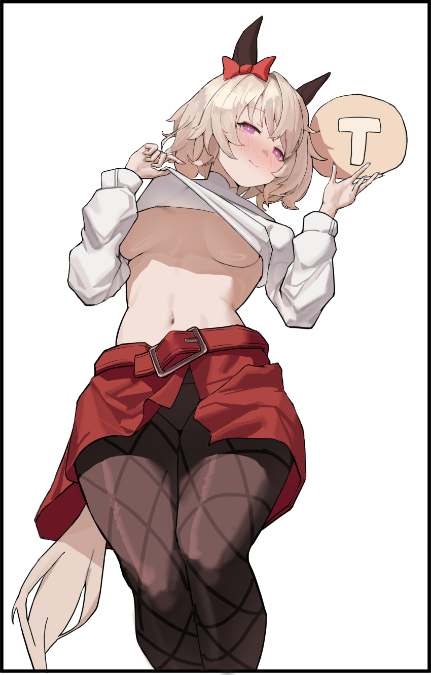 animal ears, below view, belt, blush, bow in hair, clothes lift, clothing, curren chan (umamusume), female, horse ears, horse girl, horse tail, medium breasts, no bra, pantyhose, pink eyes, red belt, red bow, red skirt, shirt lift, smile, sweater, sweater lift, tail, umamusume, umamusume pretty derby, white hair, white sweater, xiao juicai
