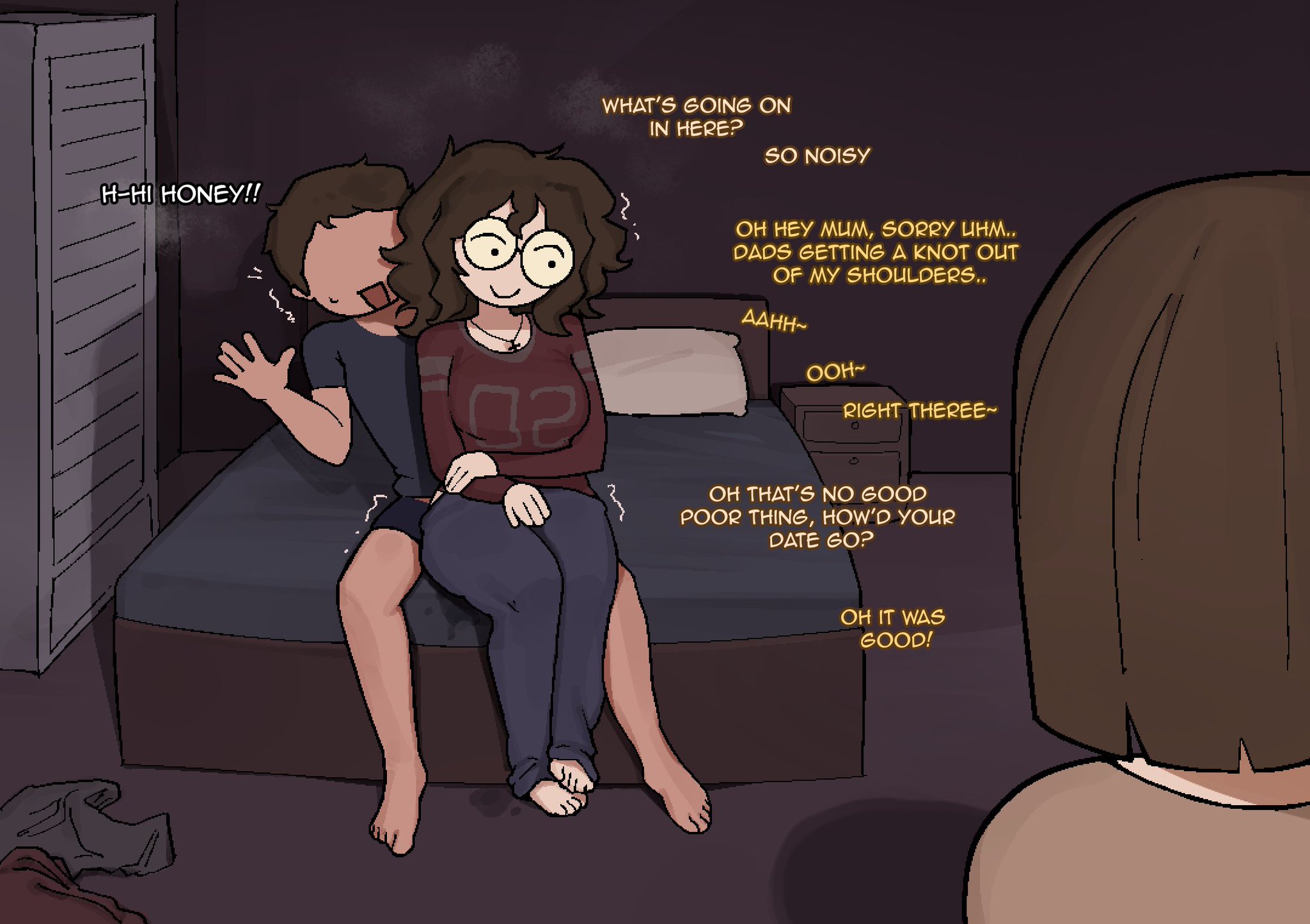 brown hair, chubby, chubby female, clothed, father and daughter, female, glasses, incest, male, male penetrating, male penetrating female, male/female, messy hair, original, original character, round glasses, sex from behind, smiling, tagme, thick thighs, thighs, uniimom