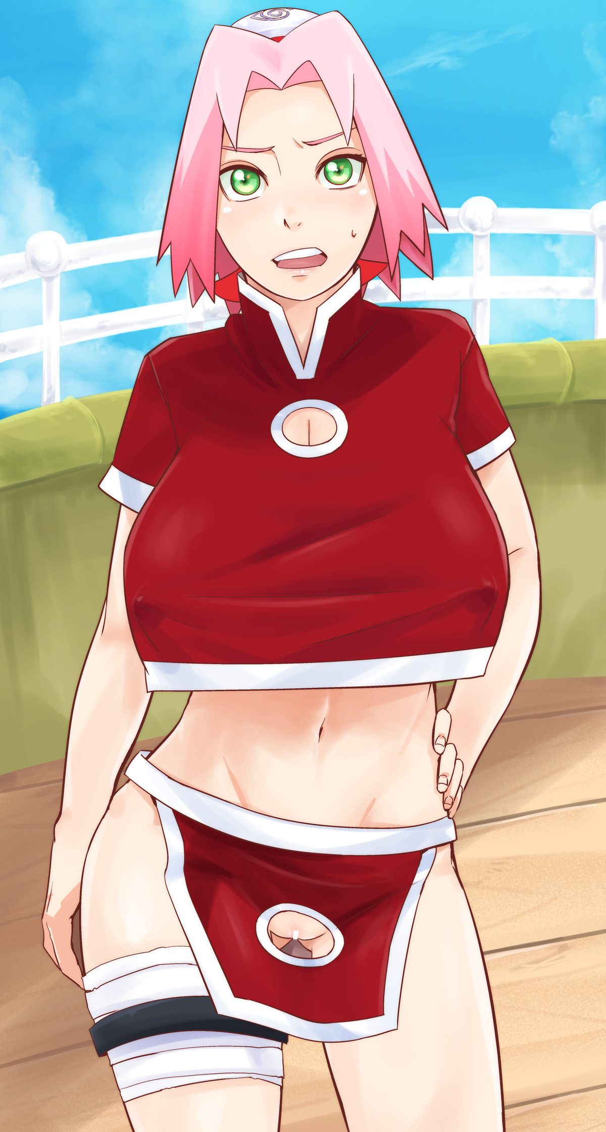 1girls, absurd proportions, annoyed expression, big breasts, censored, censored pussy, erect nipples, erect nipples under clothes, exhibitionism, female, female only, hand on hip, leaning to the side, modified costume, naruto (series), naruto shippuden, pussy, pussy cutout, sakura haruno, skimpy clothes, solo, sunahara wataru