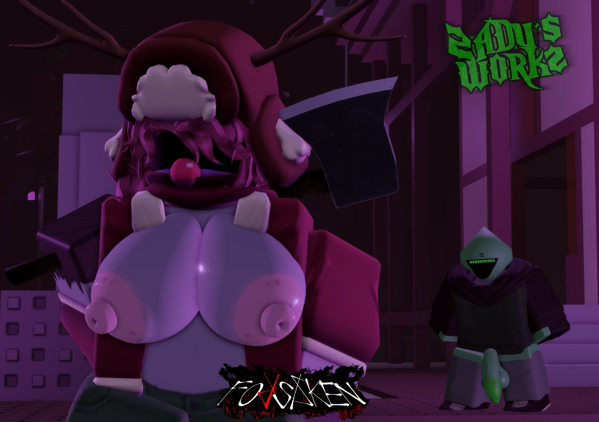 1boy, 1girls, 3d, axe, background character, balls, breasts, breasts out, crimstuff, ferman (robloxian), forsaken (roblox), gift art, jane doe (forsaken), nipples, official alternate costume, penis, roblox, roblox game, robloxian, tagme, zaduworkz