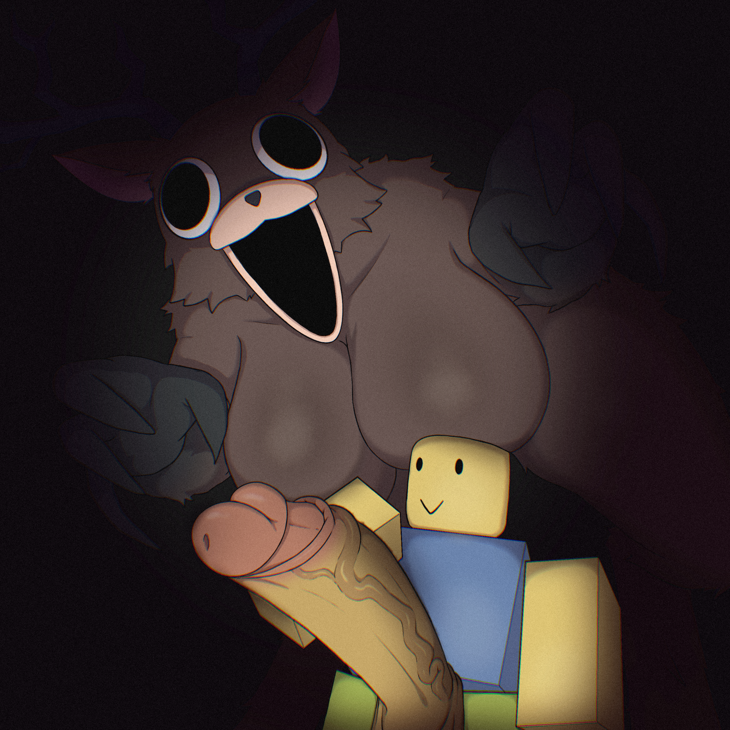 :>, 1boy, 1girls, 99 nights in the forest, anthro, blocky body, breasts, claws, confusedsabron, deer, deer (99 nights in the forest), deer girl, featureless breasts, horror, huge breasts, huge cock, hyper penis, noob, noob (roblox), penis, roblox, roblox game, robloxian, rule 63, scary, size difference, small but hung, veiny penis