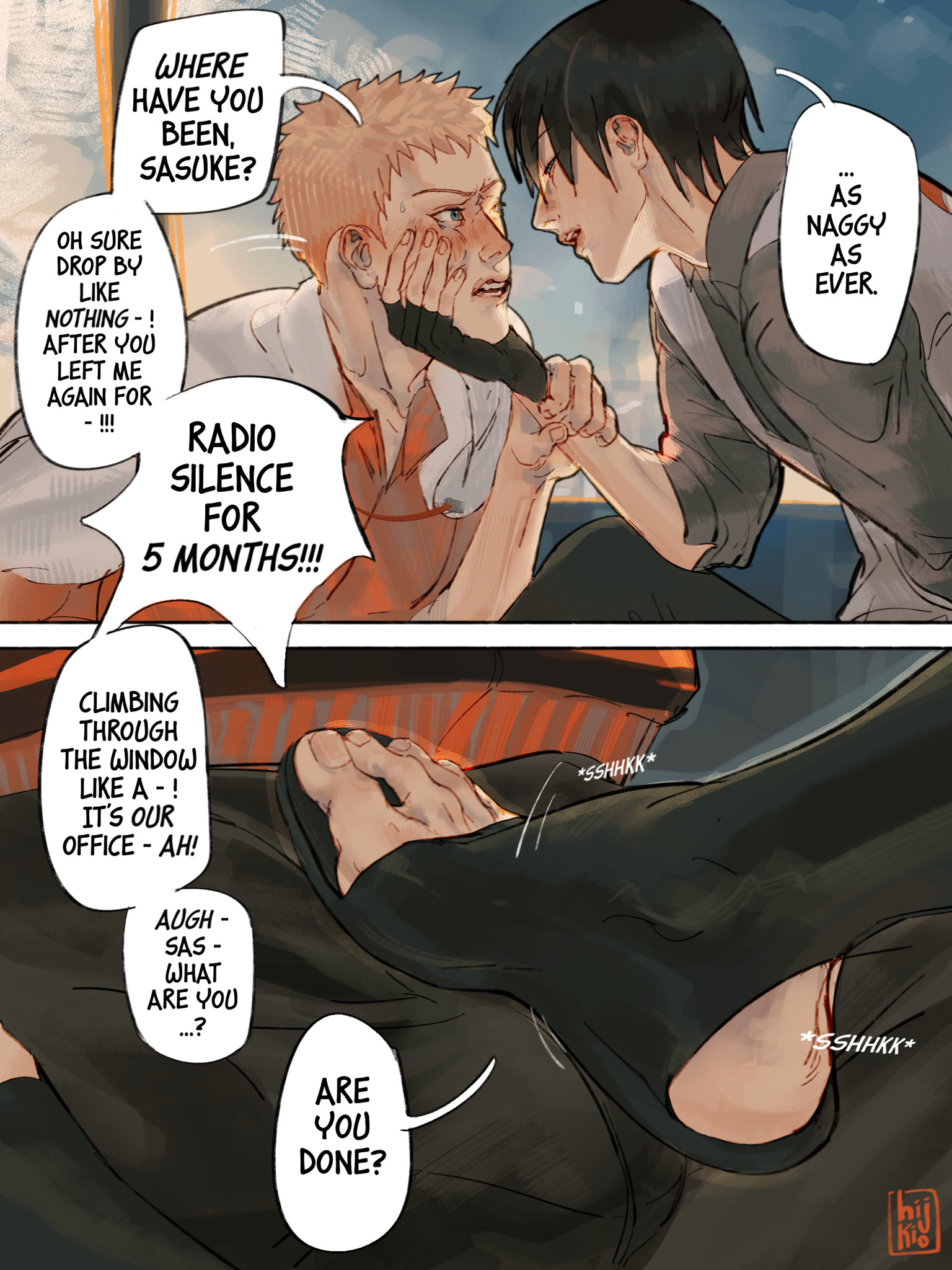 2boys, blonde hair, blonde-haired male, blush, boner in pants, boruto: naruto next generations, dialogue, english text, erection under clothes, face grab, face-to-face, footwear, gay, male, male only, male/male, naruto, naruto (series), naruto shippuden, rubbing, sasuke uchiha, speech bubble, stepped on, stepping on penis, toes, uchiha sasuke, uzumaki naruto, yaoi