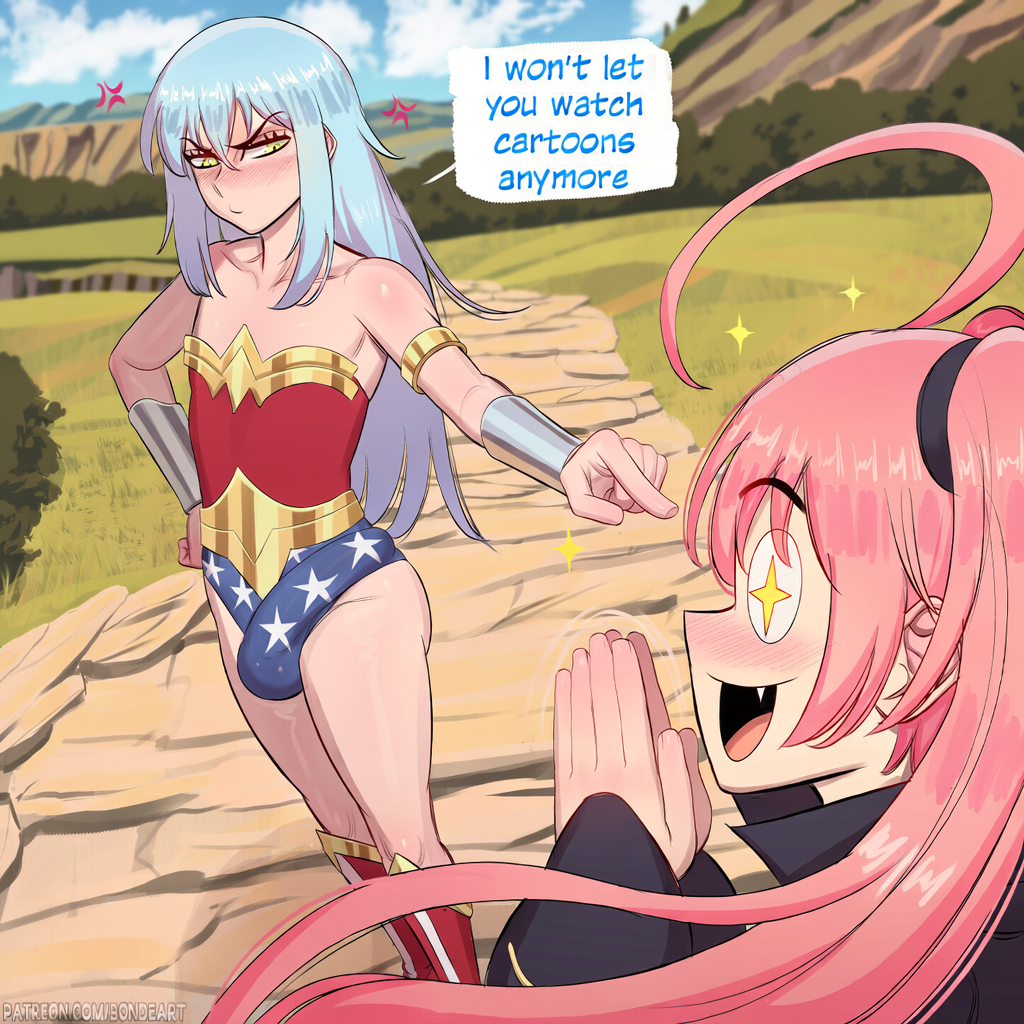 1boy, 1girl, ai generated, blue hair, bulge, excited female, femboy, milim nava, pink hair, pointing, rimuru tempest, shy, tensei shitara slime datta ken, wonder woman (cosplay)