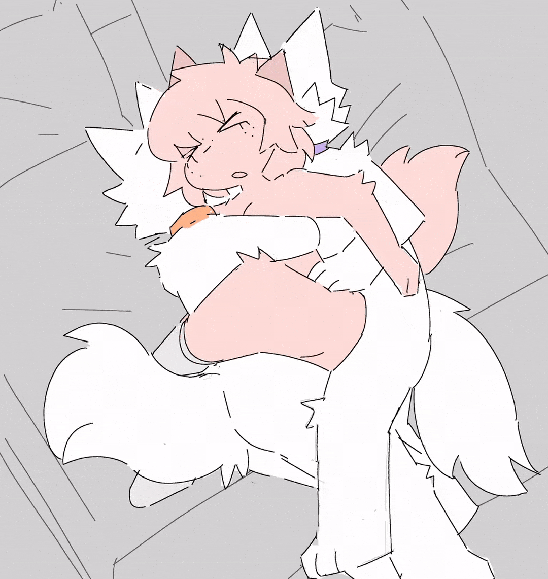 1girls, 2boys, anal, anal penetration, anal sex, animated, animated gif, anthro, anthro on anthro, bed, chelsea (millislushi), collar, double penetration, eyes closed, fluffy tail, fox, fox ears, fox girl, fox tail, furry, gif, millislushi, mmf threesome, pink fur, pink hair, socks, tail, threesome, vaginal, vaginal penetration, vaginal sex, white fur