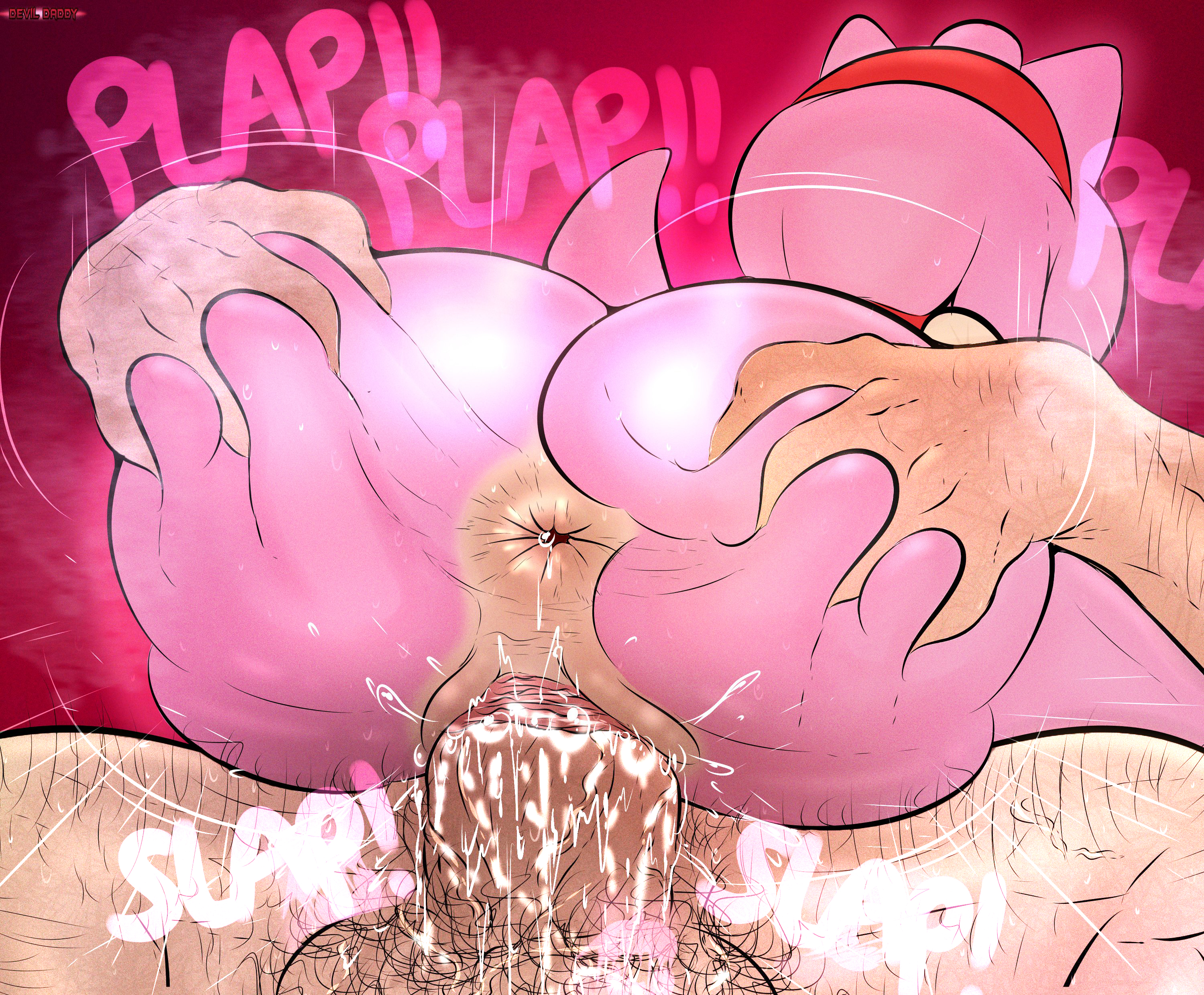 absurd res, amy rose, anthro, anus, ass, ass grab, big ass, big butt, big penis, blush, bodily fluids, breasts, butt grab, cowgirl position, devil daddy, duo, erection, eulipotyphlan, faceless character, faceless male, female, female penetrated, from front position, fur, genital fluids, genitals, hand on ass, hand on butt, hedgehog, hi res, human, human on anthro, interspecies, light body, light skin, light-skinned male, male, male penetrating, male penetrating female, male/female, mammal, mature male, nude, on bottom, on top, penetration, penile, penile penetration, penis, penis in pussy, pink body, pink fur, pubes, pussy, pussy juice, sega, sex, simple background, sonic (series), sonic the hedgehog (series), sweat, thick thighs, vaginal penetration, vein, veiny penis