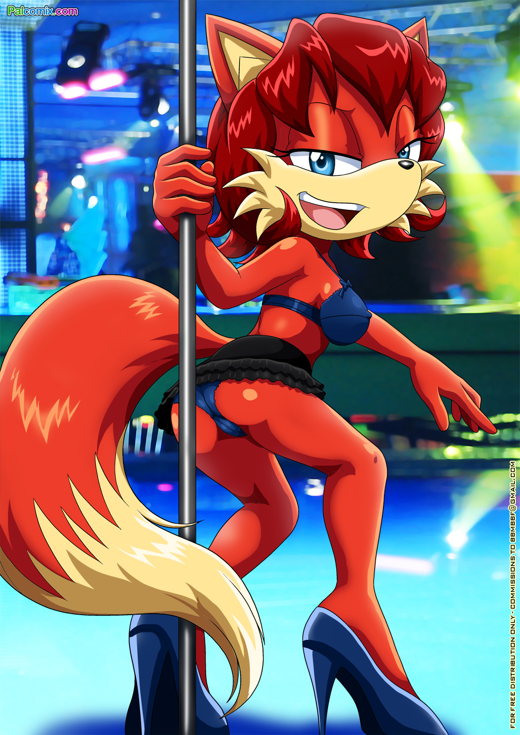1girls, 5 fingers, anthro, archie comics, ass, bbmbbf, blue eyes, bra, breasts, brown hair, cameltoe, canine, female, fiona fox, fox, furry, high heels, lingerie, looking at viewer, looking back, mobius unleashed, nipple bulge, palcomix, panties, pussy, red body, red fur, seductive, sega, short hair, smile, solo, sonic (series), sonic the hedgehog (archie), sonic the hedgehog (comics), sonic the hedgehog (series), stripper pole, tail, teenage female, teenager, teeth, upskirt