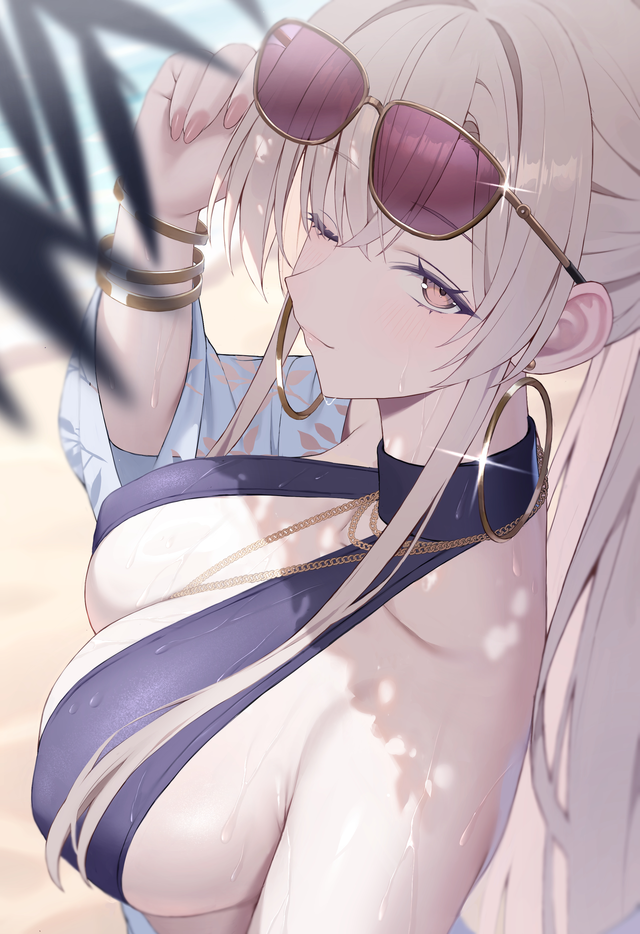 1girl, 1girls, absurd res, artist request, blue archive, blurry, breasts, cleavage, earrings, female, highres, jewelry, large breasts, looking at viewer, nagisa (blue archive), nagisa (swimsuit) (blue archive), one eye closed, outdoors, sideboob, sidelocks, solo, solo female, sunglasses, sunlight, swimsuit, upper body