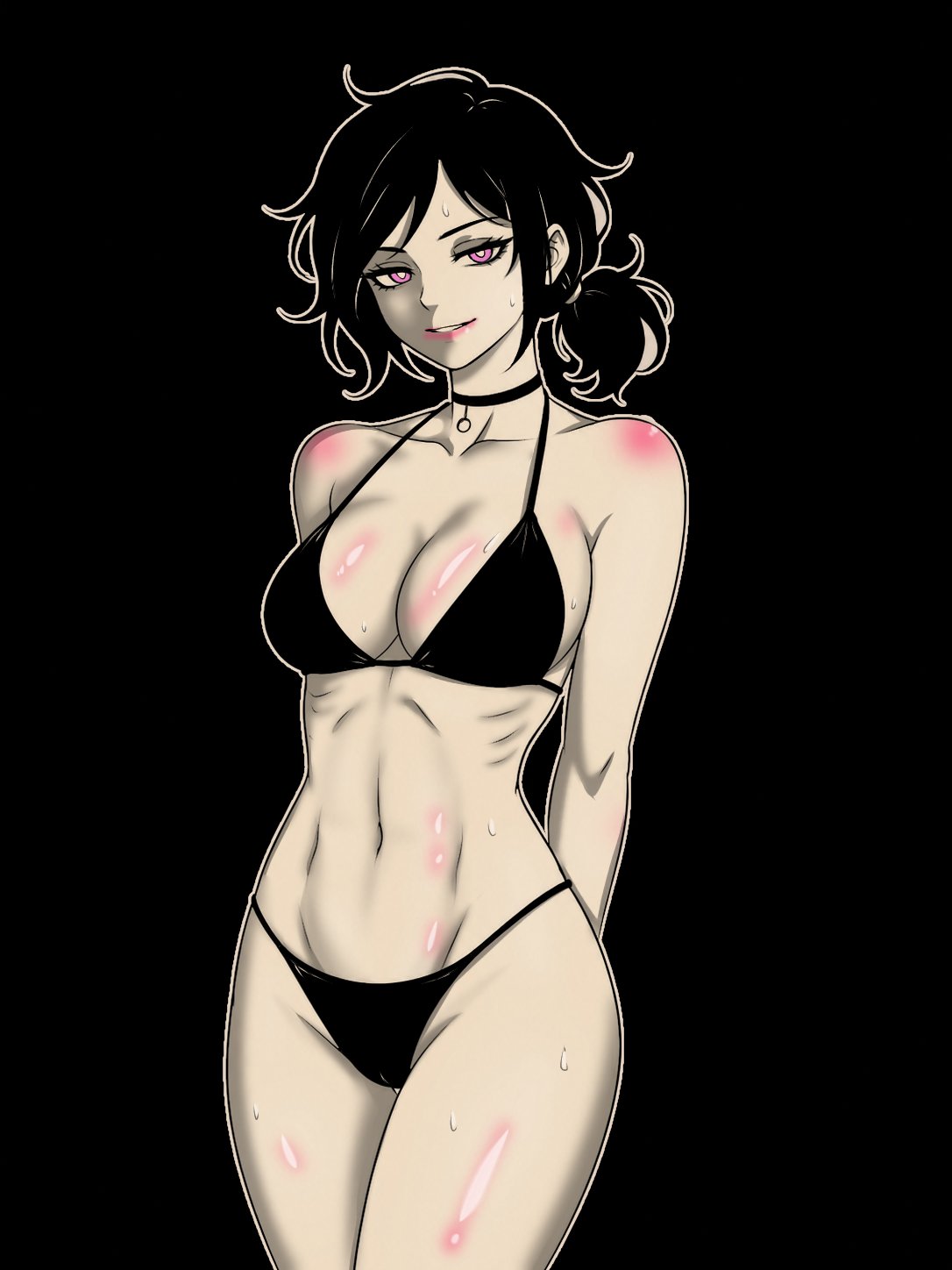 1girl, arms behind back, ashley graves, bare shoulders, bikini, black background, black bikini, black hair, breasts, choker, cleavage, commentary, earrings, english commentary, groin, highres, jewelry, linea semilunaris, lips, lipstick, looking at viewer, makeup, medium breasts, mole, navel, parted lips, purple eyes, ribs, simple background, smile, solo, standing, stomach, swimsuit, the coffin of andy and leyley, thighs, underwear