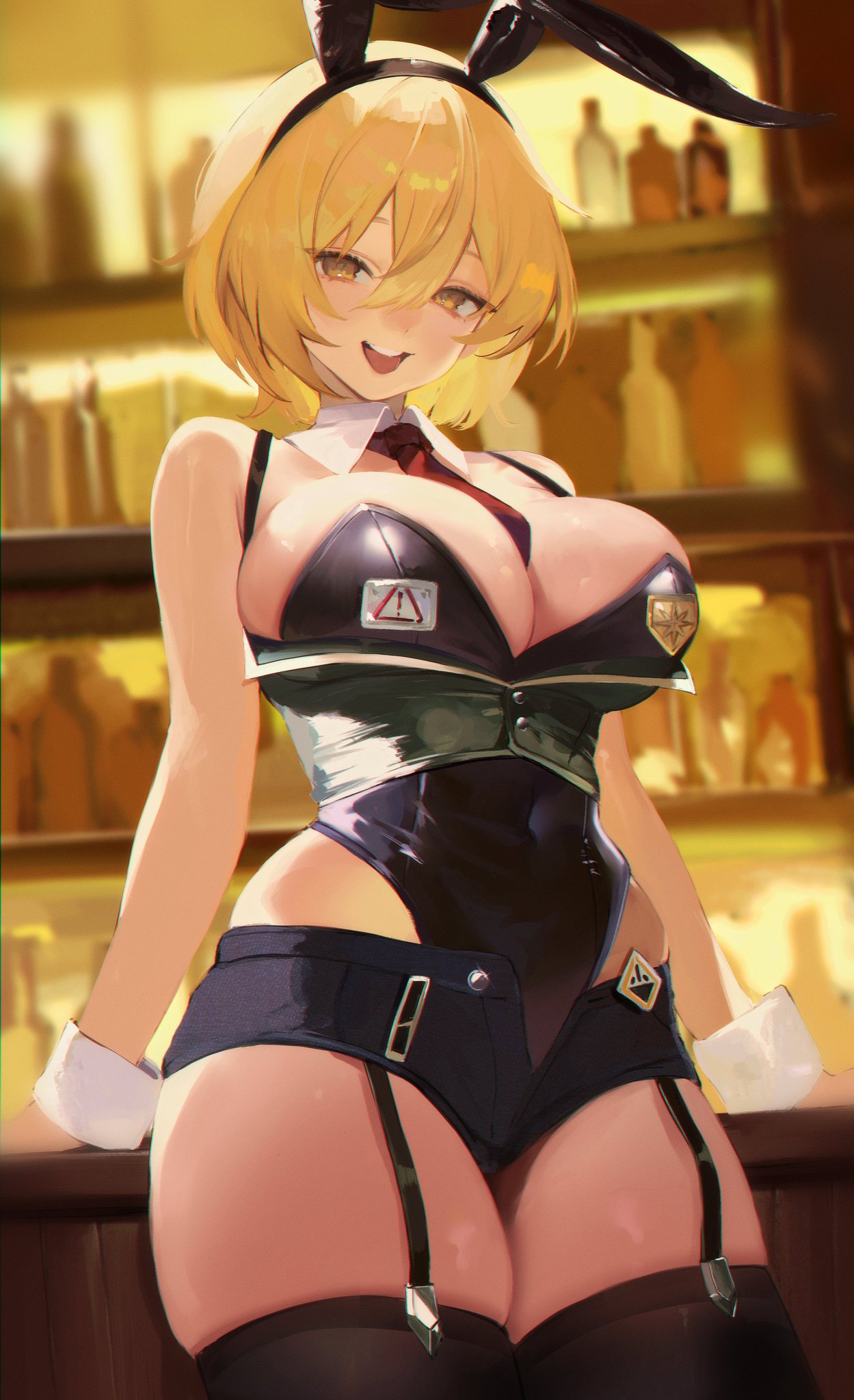 1girl, absurdres, animal ear hairband, animal ears, bar (place), bare shoulders, black garter straps, black leotard, black shorts, black thighhighs, blonde hair, breasts, commentary, covered navel, cowboy shot, don quixote (limbus company), fake animal ears, garter straps, hair between eyes, hairband, highres, huge breasts, indoors, leotard, limbus company, looking at viewer, necktie, open mouth, project moon, rabbit ear hairband, rabbit ears, red necktie, short hair, shorts, solo, strapless, strapless leotard, tea (teahrii), teeth, thighhighs, yellow eyes
