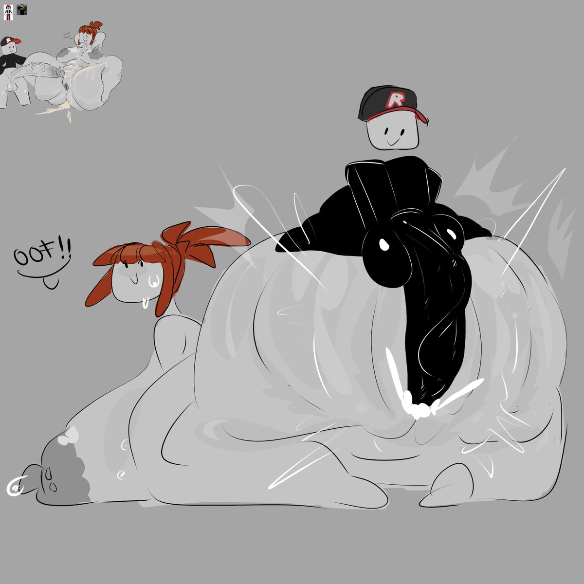 1boy, 1girls, 2025, acorn hair, ambiguous penetration, areolae, ass, ass bigger than head, bald, bald male, balls, baseball cap, big ass, big balls, big breasts, big penis, black cap, black clothing, black eyes, blocky body, blush, breasts, breasts bigger than head, brown hair, cap, clothed male, clothed male nude female, clothing, colored sketch, completely nude, completely nude female, continuation, cum, cum inside, cum splatter, english text, feet, female, female penetrated, greaseyhair, grey background, grey skin, grey-skinned female, grey-skinned male, guest (roblox), hair bun, huge ass, huge thighs, lactation, male, male penetrating, male penetrating female, male/female, motion lines, nipples, nude, nude female, nude female clothed male, oof, penetration through clothes, penis, plain background, reference image, roblox, robloxian, sideboob, simple background, sitting on ass, sitting on person, size difference, sketch, small but hung, smaller male, smile, solid color background, speech bubble, spread legs, sweat, sweatdrop, taller female, text, thick thighs, thighs, veiny penis