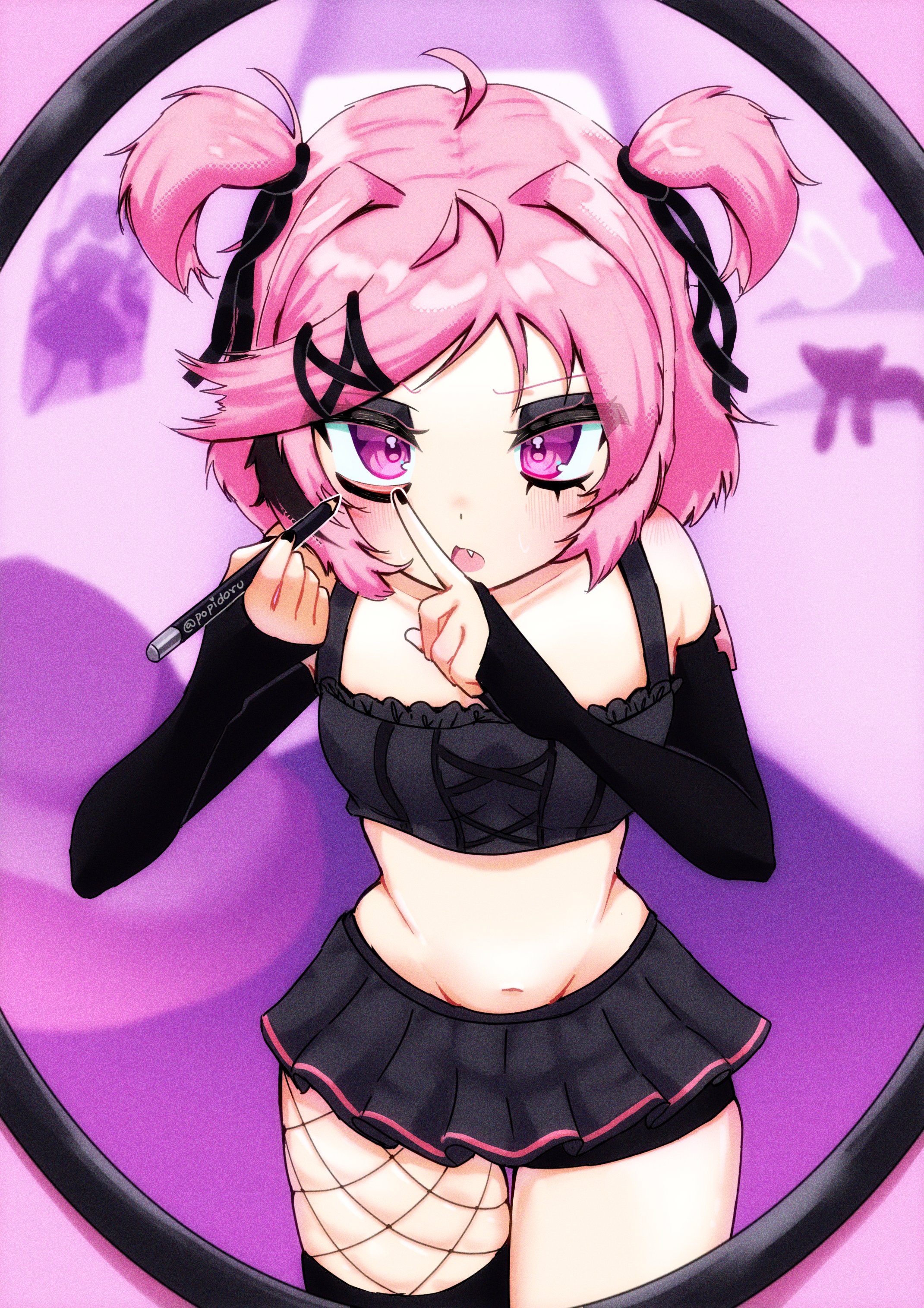 absurdres, ahoge, alternate costume, applying eyeliner, applying makeup, artist request, bare shoulders, black eyeliner, black eyeshadow, black gloves, black hair, black nails, black ribbon, black skirt, black streaks, blush, commentary, cute, ddlc, doki doki literature club, doki doki literature club!, elbow gloves, english commentary, eyelashes, eyeliner, eyeshadow, fang, fingerless gloves, fingernails, fishnets, gloves, goth fashion, hair intakes, hair ribbon, highres, holding, indoors, jpg, makeup, midriff, mirror, multicolored hair, nail polish, natsuki (doki doki literature club), navel, open mouth, pink eyes, pink hair, questionable, ribbon, serenity forge, short hair, single fishnet, single leg pantyhose, single thighhigh, skirt, streaked hair, team salvato, thighhighs, thighhighs over fishnets, twitter username, two side up, two-tone hair, wholesome