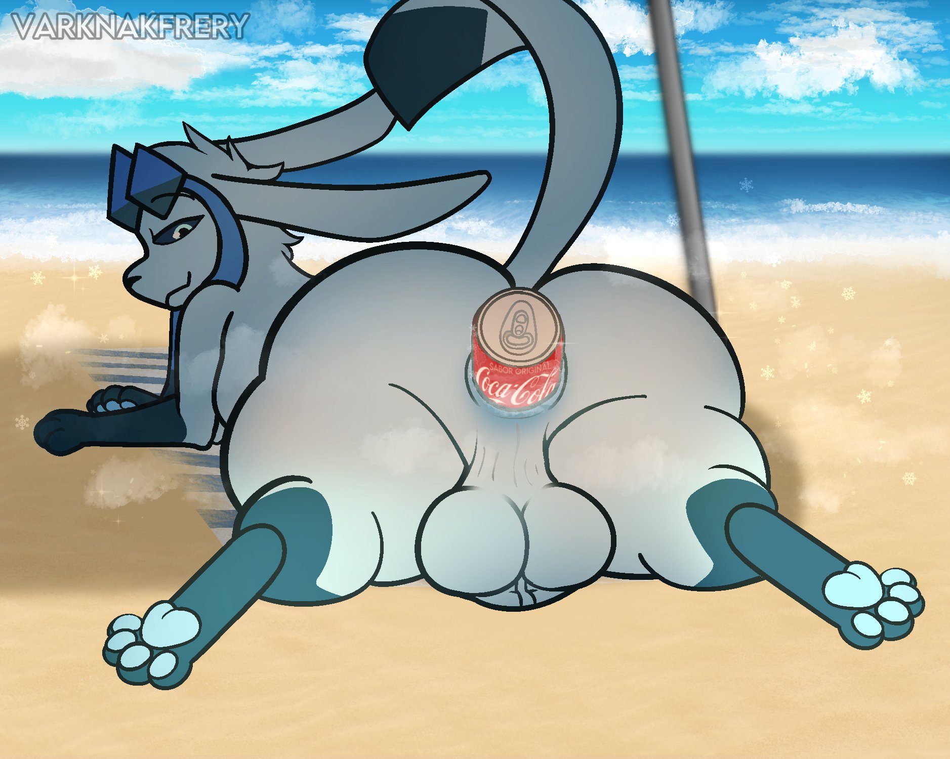 1boy, anal, anal insertion, anal penetration, anal storage, back view, backsack, balls, ballsack, beach, beverage, beverage can, can, can in ass, can insertion, cavity storage, coca-cola, day, femboy, feral, feral male, feral only, glaceon, improvised sex toy, lying, lying on stomach, male, male feral, male only, male penetrated, male pokemon, object in ass, outdoors, penetration, pokémon (species), pokemon, pokemon (species), sex toy, solo, solo feral, solo male, varknakfrery
