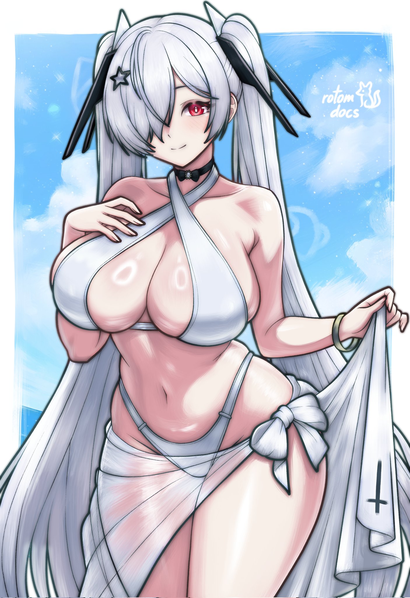 bikini, breasts, choker, cinderella (nikke), cleavage, cloud, curvy, female, female only, goddess of victory: nikke, highleg, long hair, navel, outdoors, red eyes, rotomdocs, sarong, sky, smile, solo, swimsuit, white hair