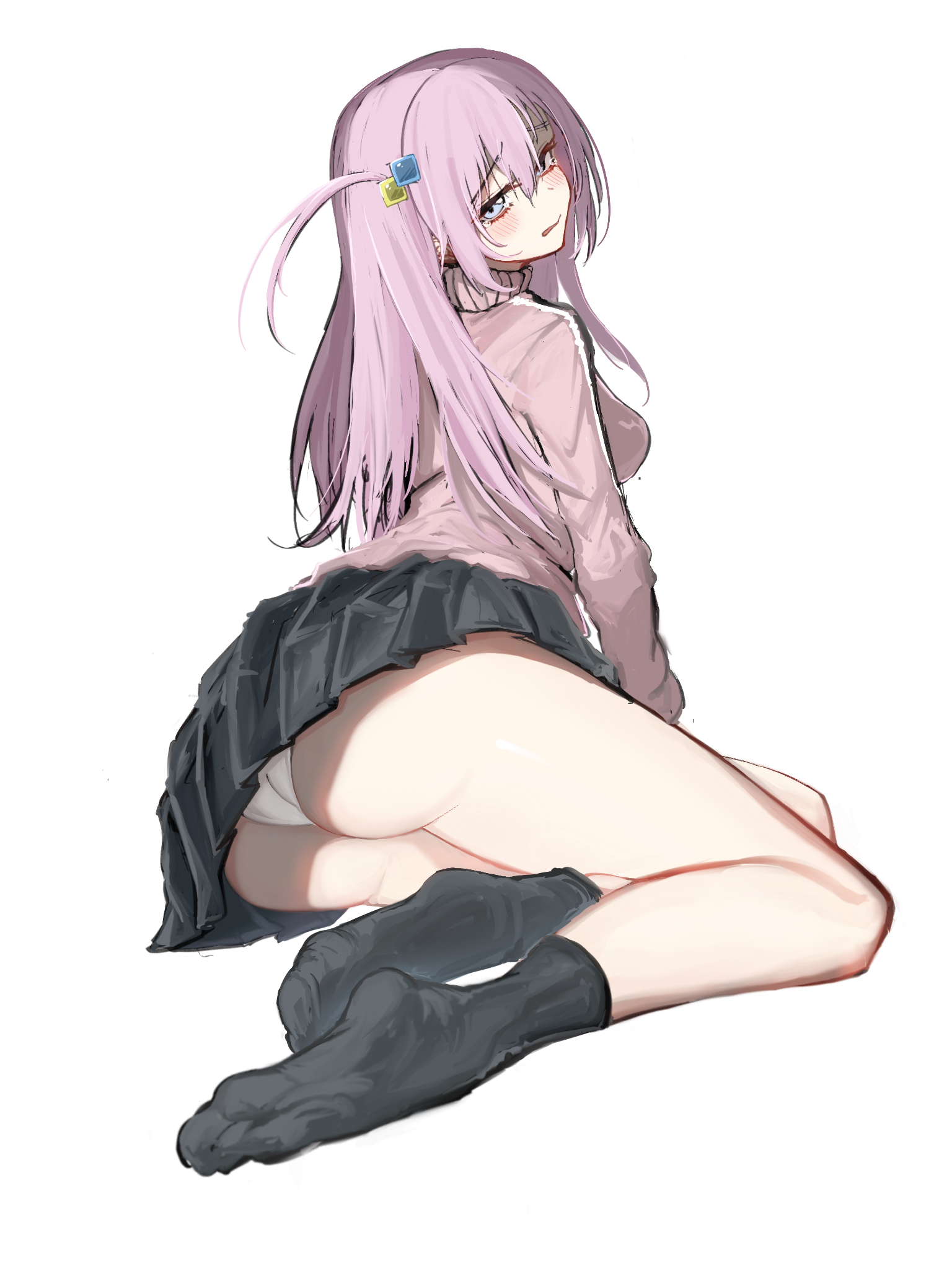 ass, black skirt, black socks, blue eyes, blush, bocchi the rock!, breasts, cube hair ornament, feet, female, foot focus, foreshortening, from behind, gotou hitori, hair intakes, hair ornament, highres, jacket, long hair, long sleeves, looking at viewer, looking back, one side up, panties, pantyshot, pink hair, pink jacket, simple background, skirt, socks, soles, solo, tearing up, thighs, track jacket, underwear, wawon no, white background, white panties