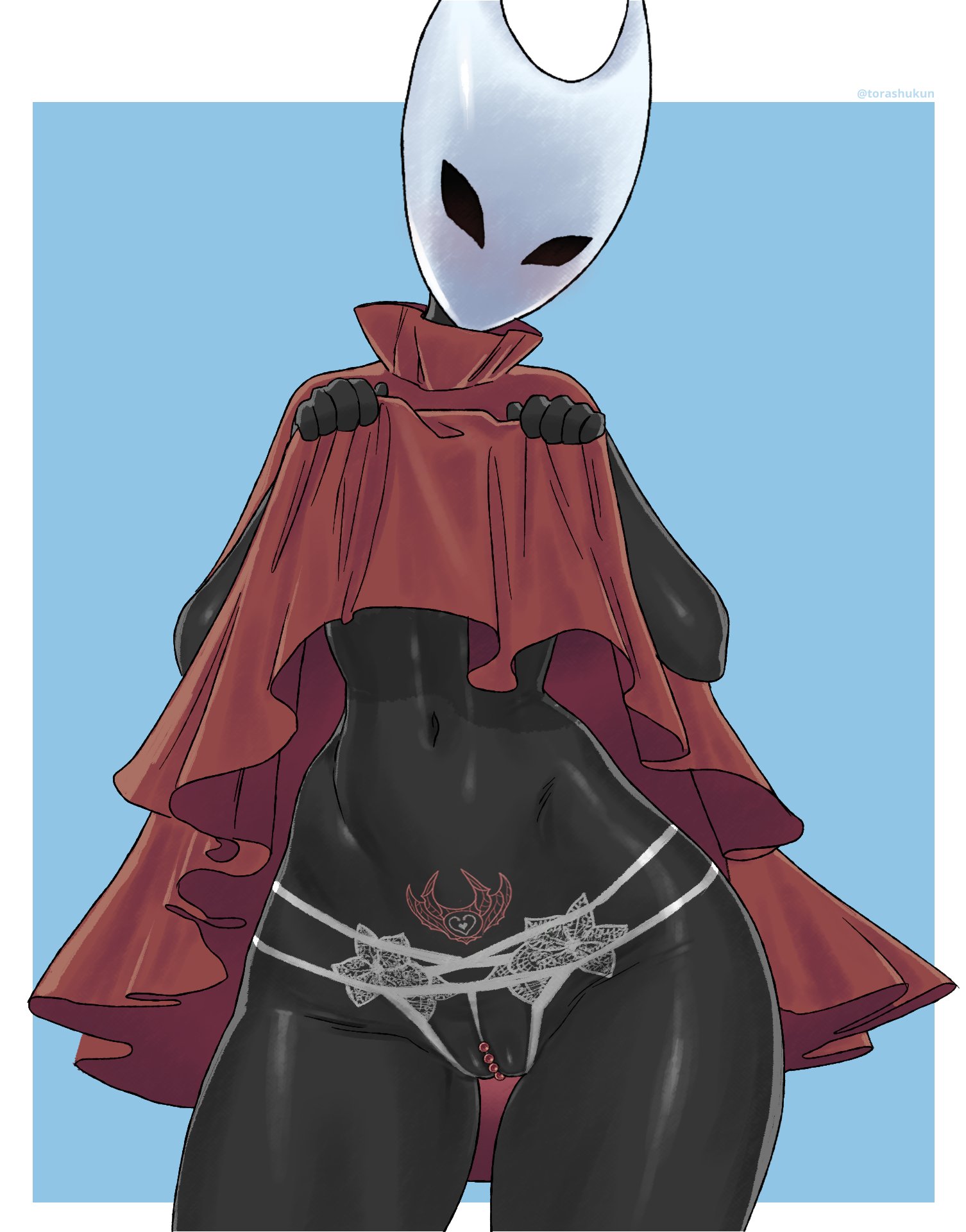 1girls, 2025, anthro, black body, clothes lift, crotchless, crotchless panties, female, female only, hi res, hollow knight, hollow knight: silksong, hornet (hollow knight), insects, looking at viewer, pearl thong, pubic tattoo, pussy, pussy floss, solo, thick thighs, torashu-kun