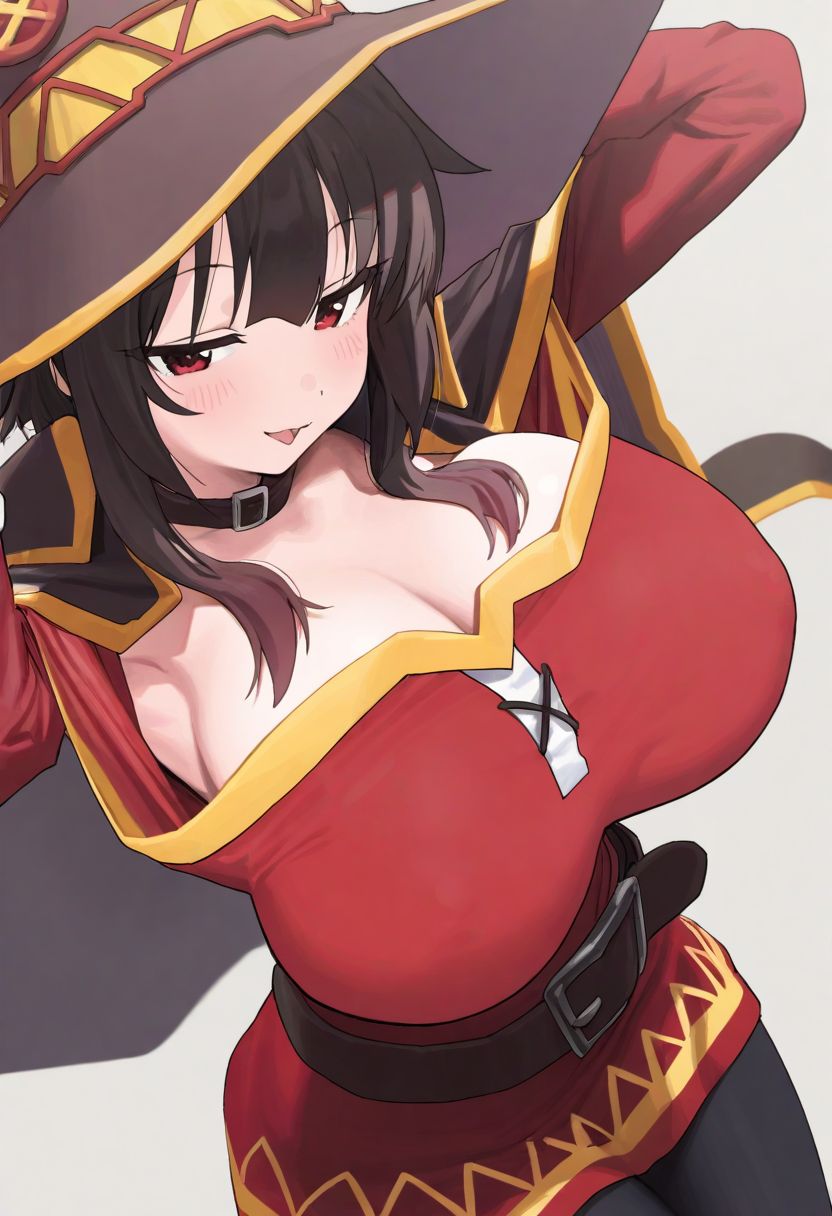 1girls, 2026, ai generated, alternate breast size, arms behind head, berukaz, big breasts, blush, breasts, brown hair, clothed, clothing, collar, color, colored, digital media (artwork), female, female only, fully clothed, hat, hi res, huge breasts, isekai, kono subarashii sekai ni shukufuku wo!, konosuba, legwear, light skin, light-skinned female, looking at viewer, megumin, open mouth, red eyes, simple background, solo, thick thighs, thighs, white background